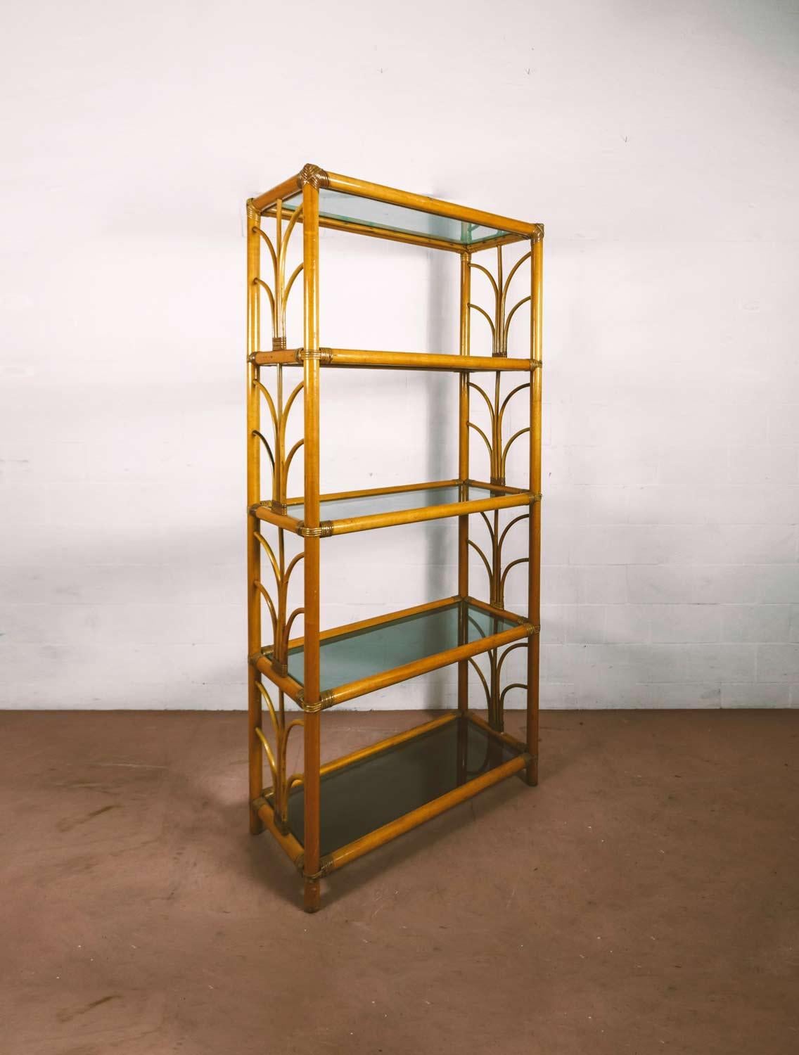 Late 20th Century Bamboo bookcase with glass shelves, 1980s For Sale