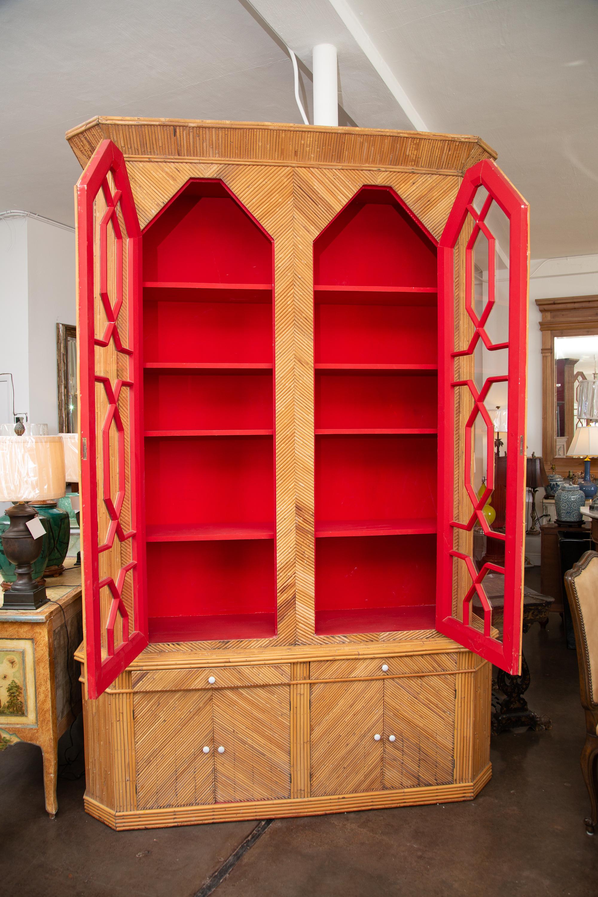 Italian Bamboo Bookcase with Glazed Geometric Astragal Doors