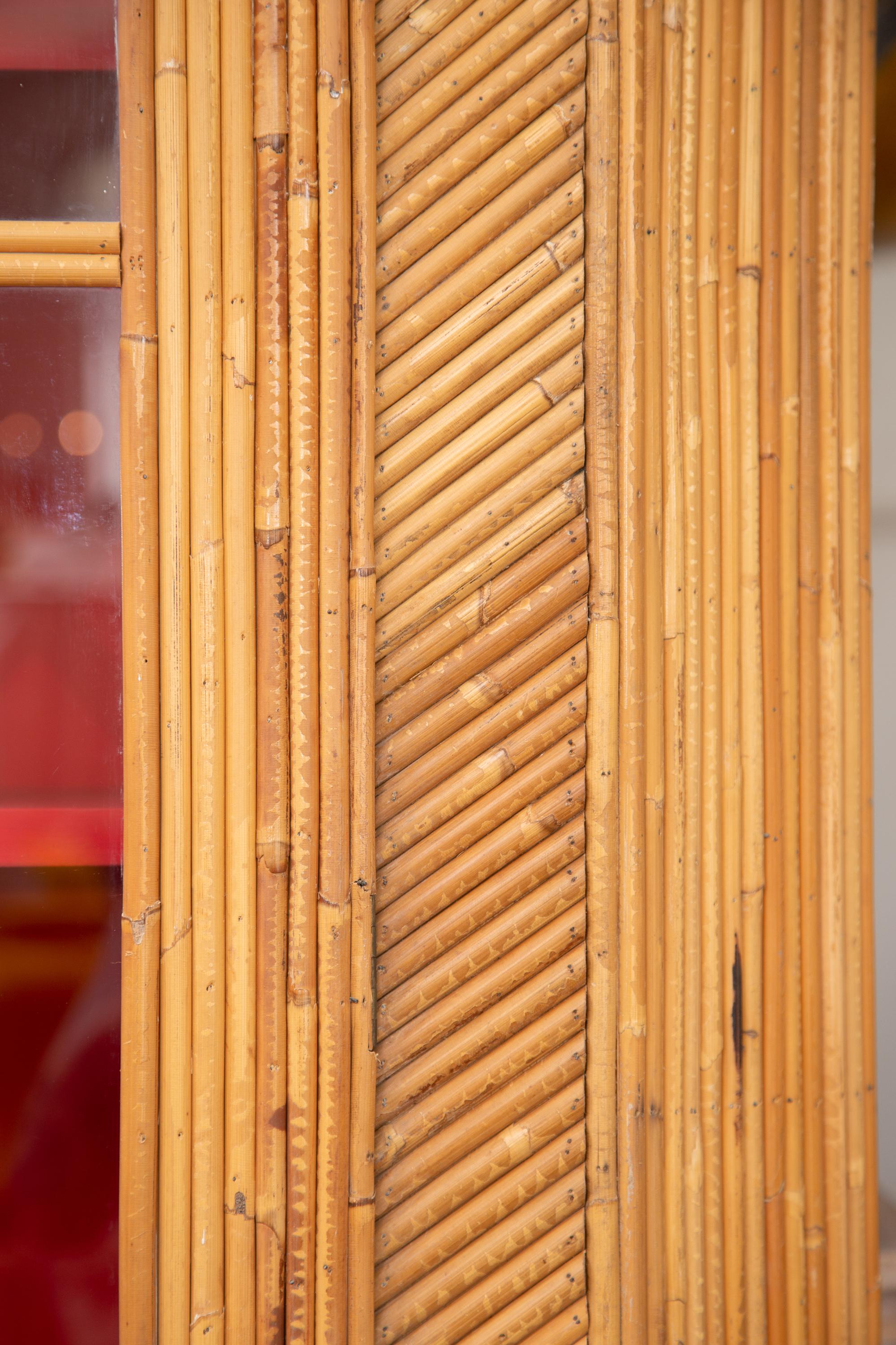 Bamboo Bookcase with Glazed Geometric Astragal Doors In Good Condition In WEST PALM BEACH, FL