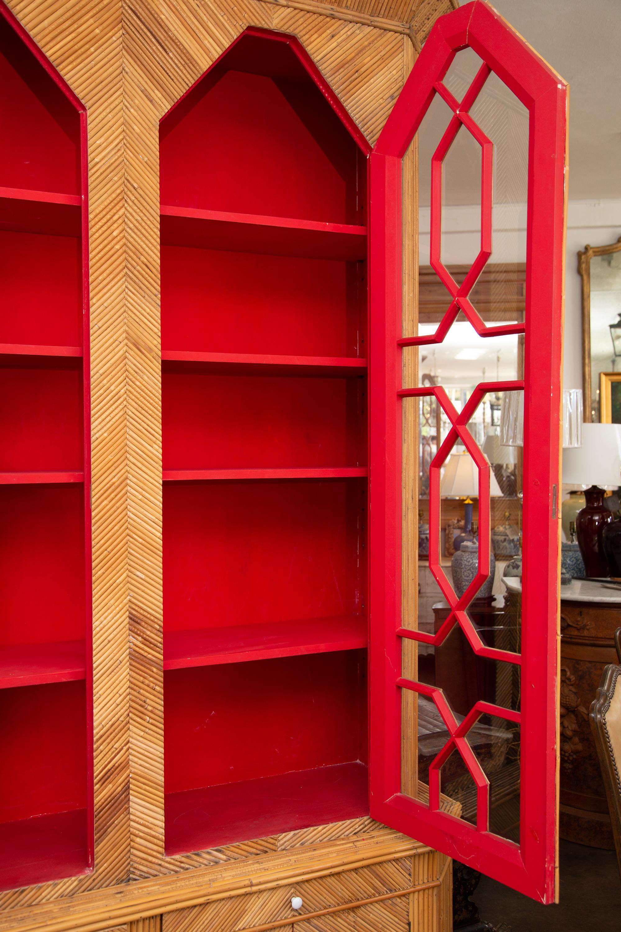 Bamboo Bookcase with Glazed Geometric Astragal Doors 1