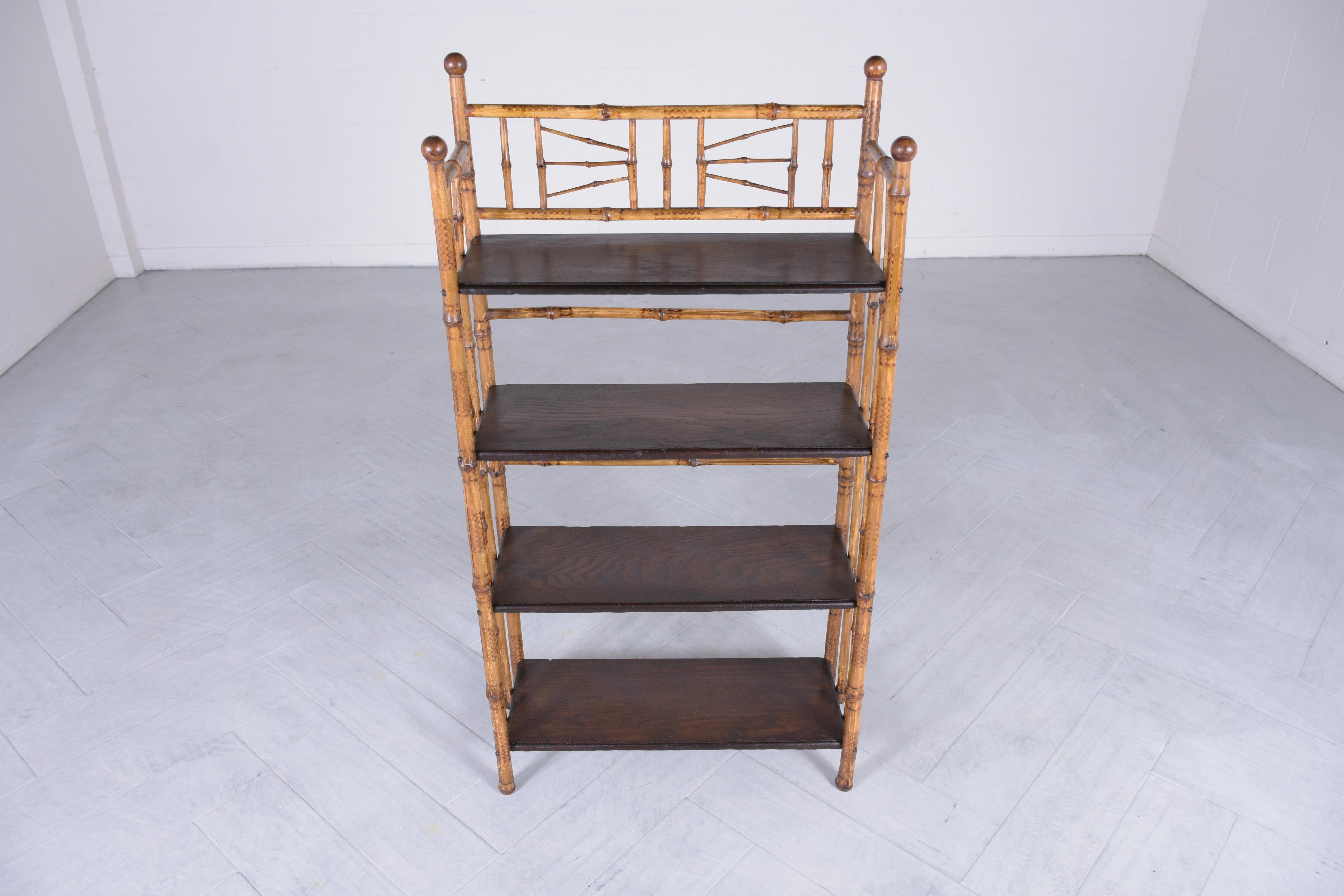 This vintage bamboo small bookshelf is in good condition beautifully crafted out of wood with a faux bamboo design and has been newly restored by our professional craftsmen team. This lovely etagere features a natural color frame and dark brown