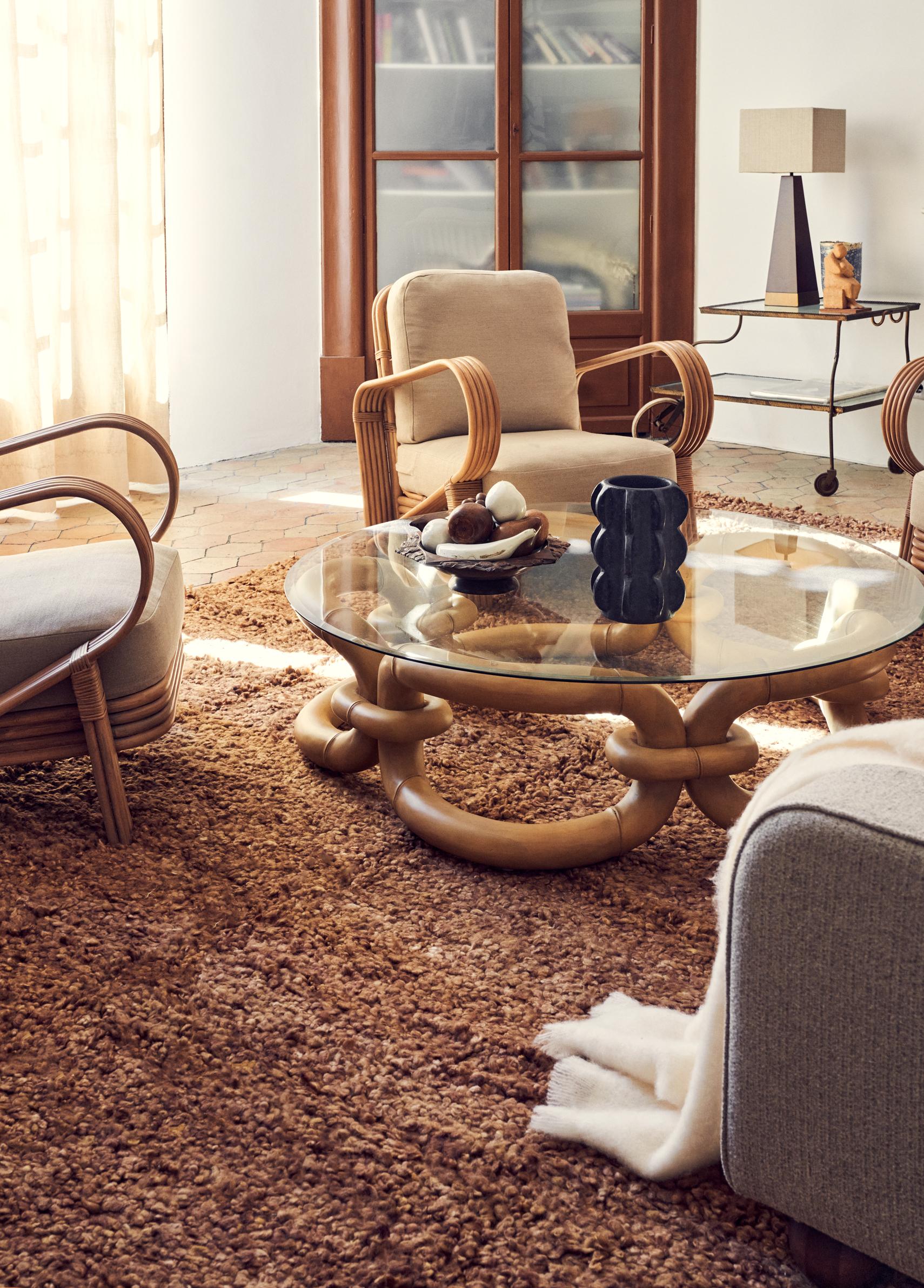 Mesa baja de bambú con tapa de cristal, pequeña Siglo XXI y contemporáneo en venta