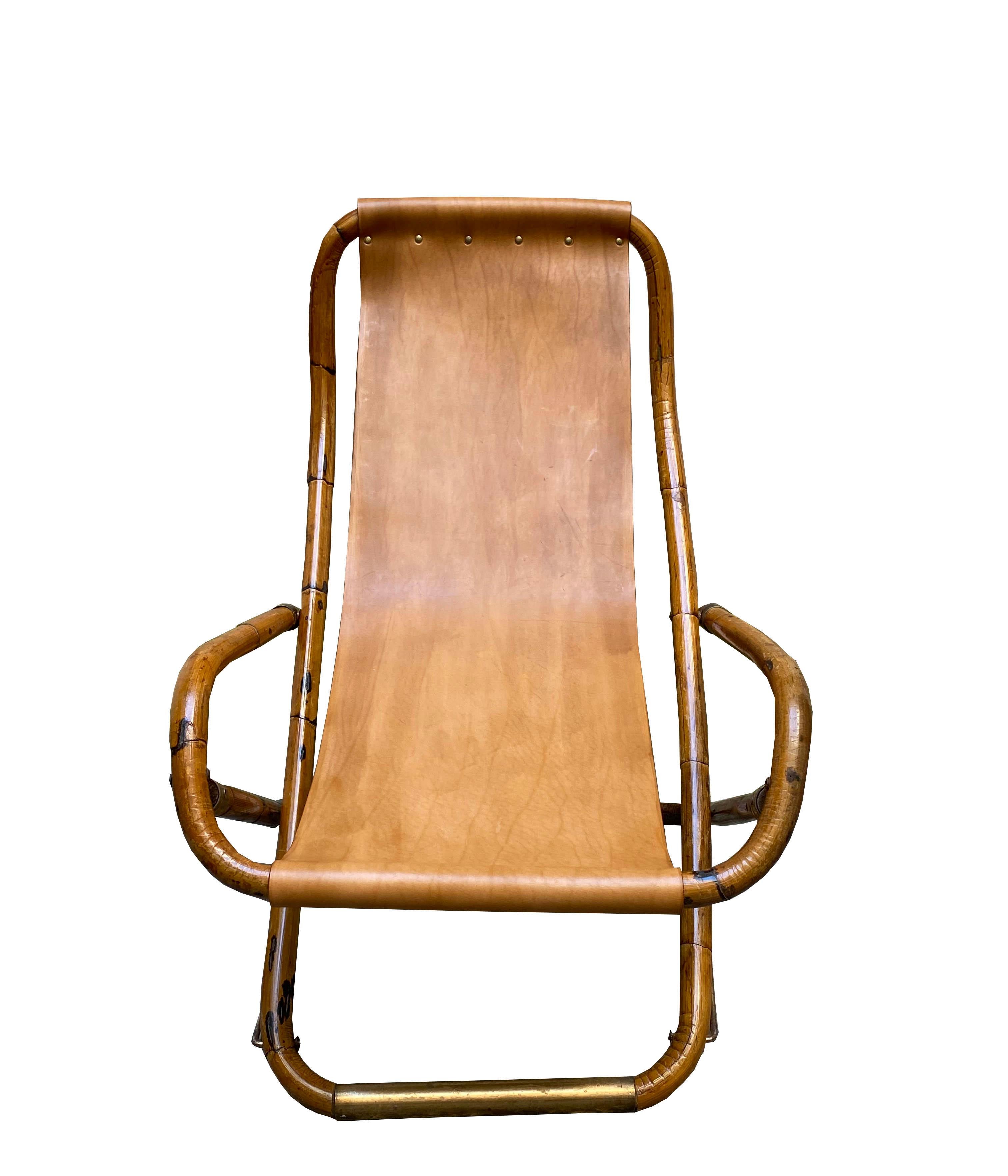 Mid-Century Modern Bamboo, Brass and Leather Folding Lounge Deck Chair, Italy, 1960s