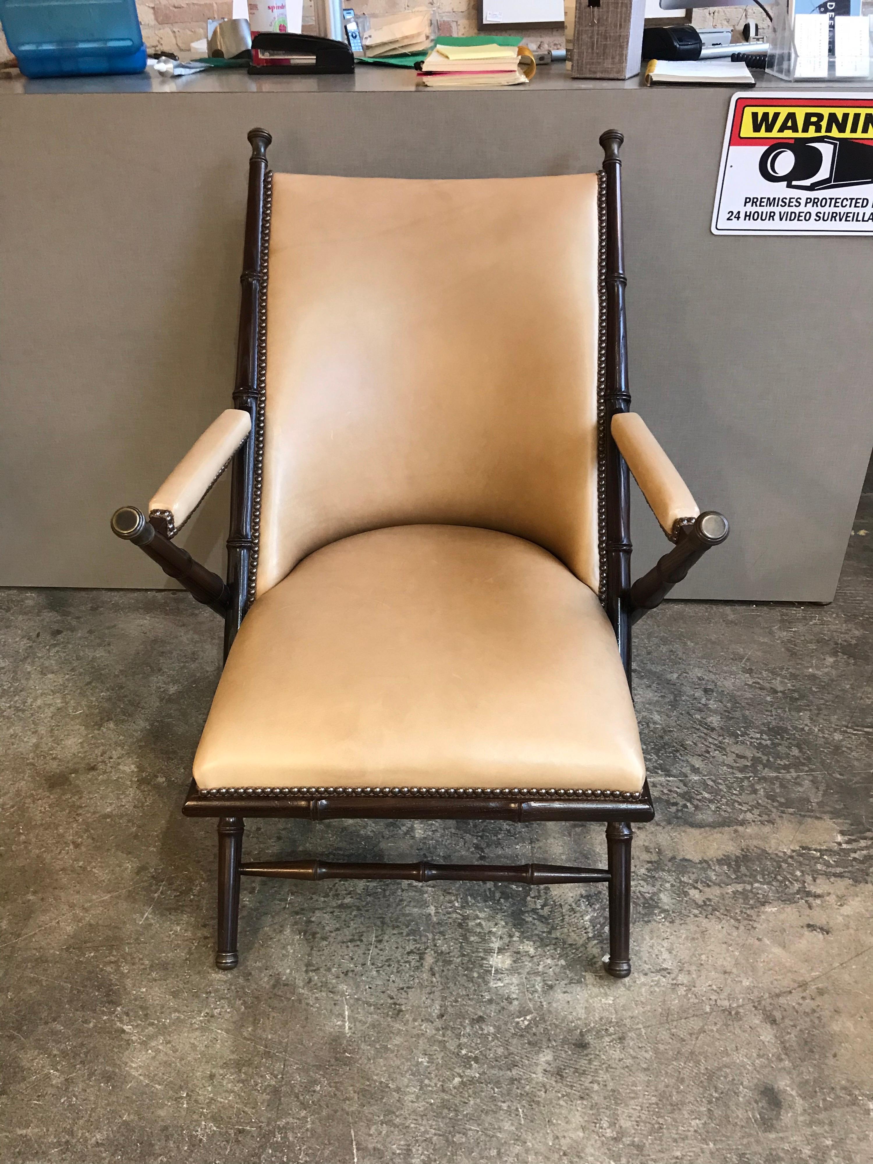 American Bamboo, Brass and Leather Lounge Chair and Ottoman by Hickory Chair Co.