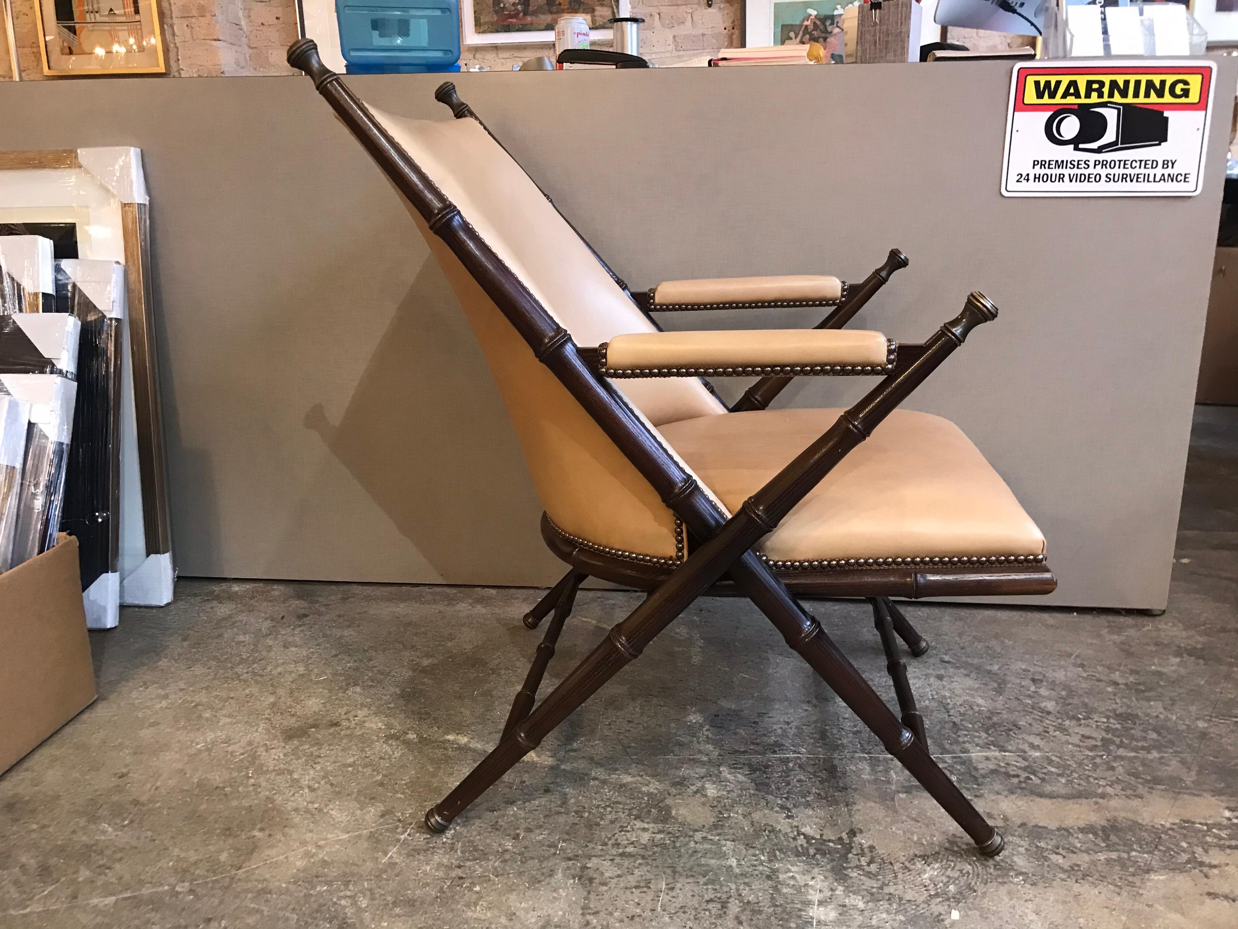 Bamboo, Brass and Leather Lounge Chair and Ottoman by Hickory Chair Co. In Good Condition In Chicago, IL