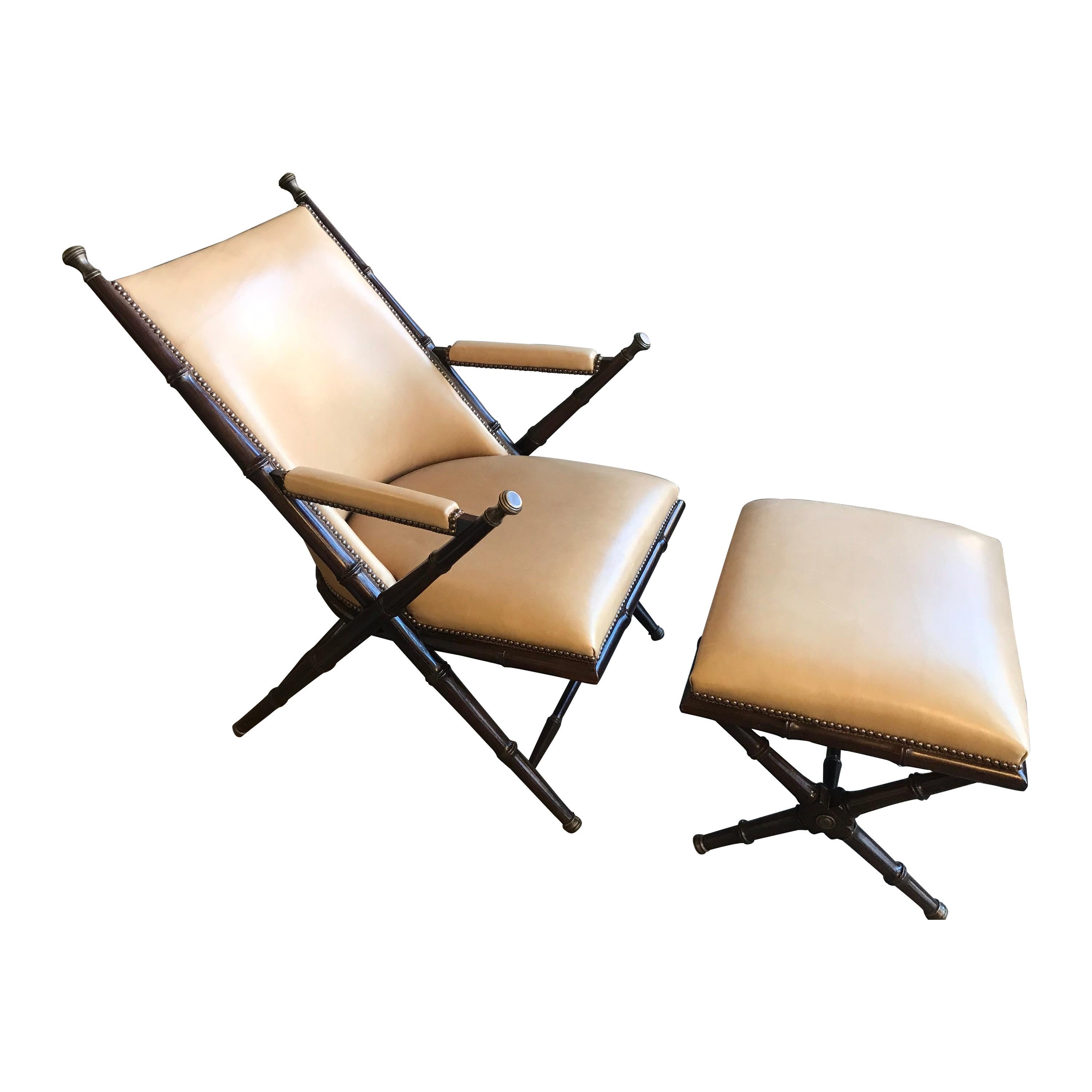 Bamboo, Brass and Leather Lounge Chair and Ottoman by Hickory Chair Co.