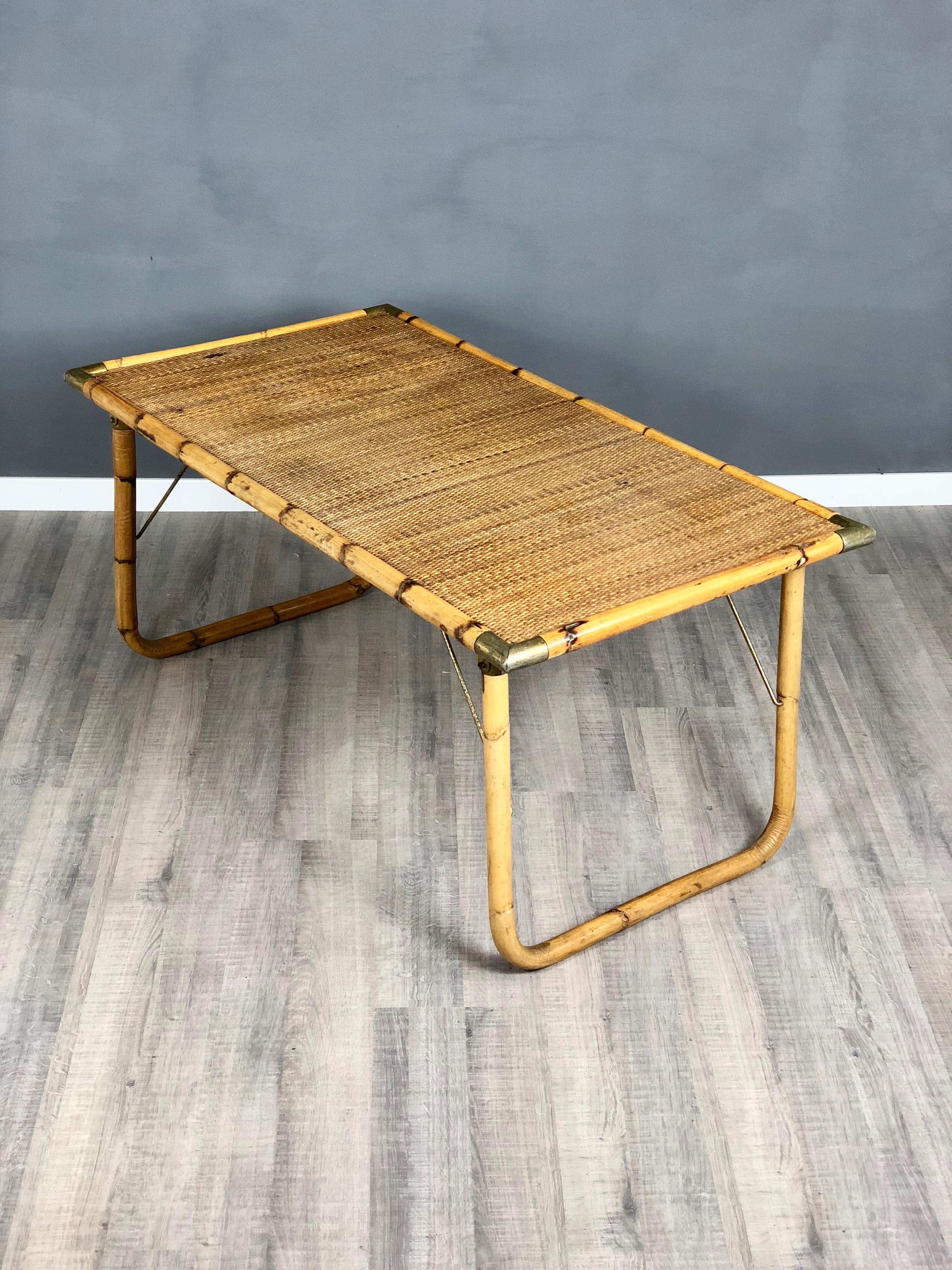 Bamboo, Brass and Wicker Side Table Italy 1970s in the style of Gabriella Crespi In Good Condition In Rome, IT