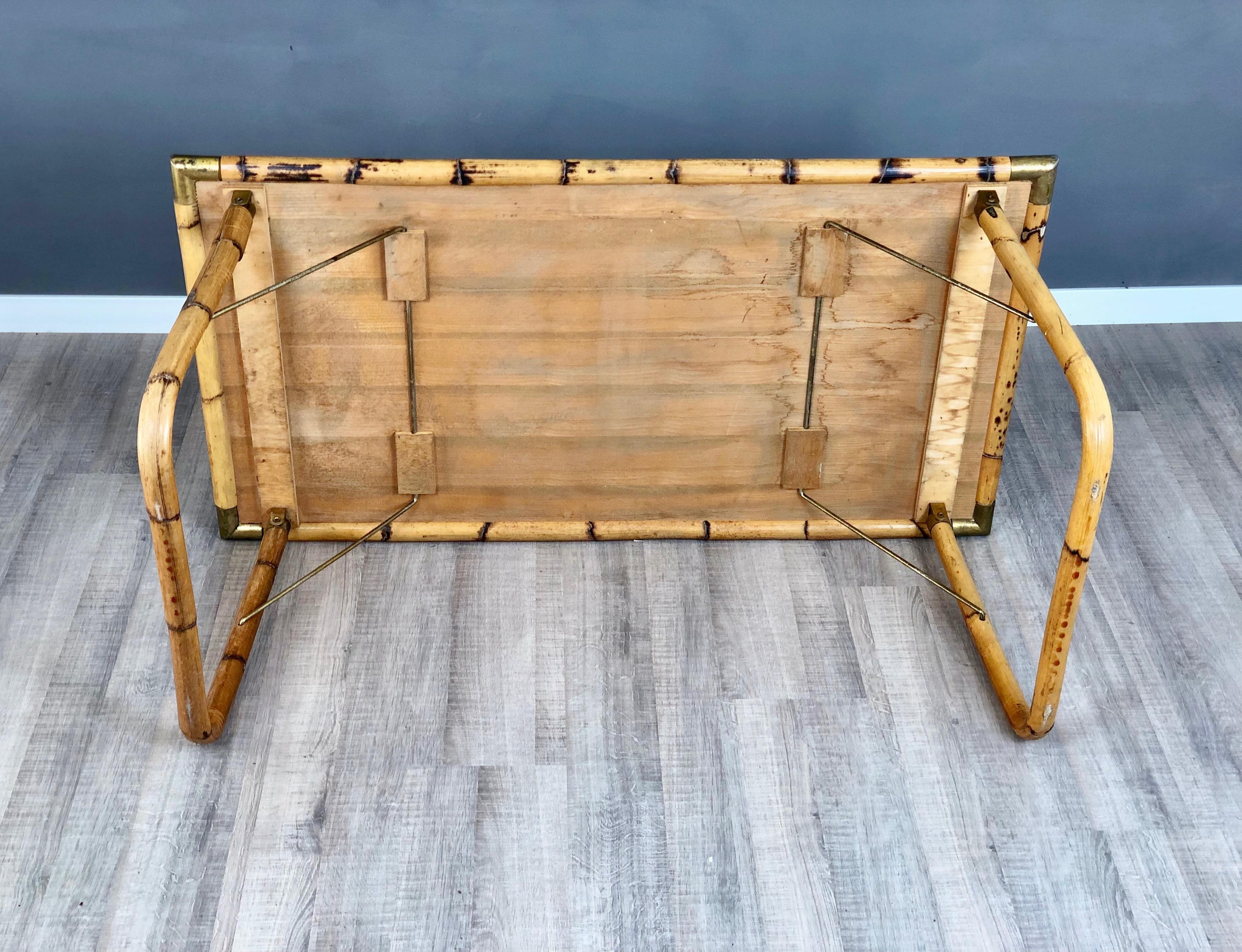 Late 20th Century Bamboo, Brass and Wicker Side Table Italy 1970s in the style of Gabriella Crespi