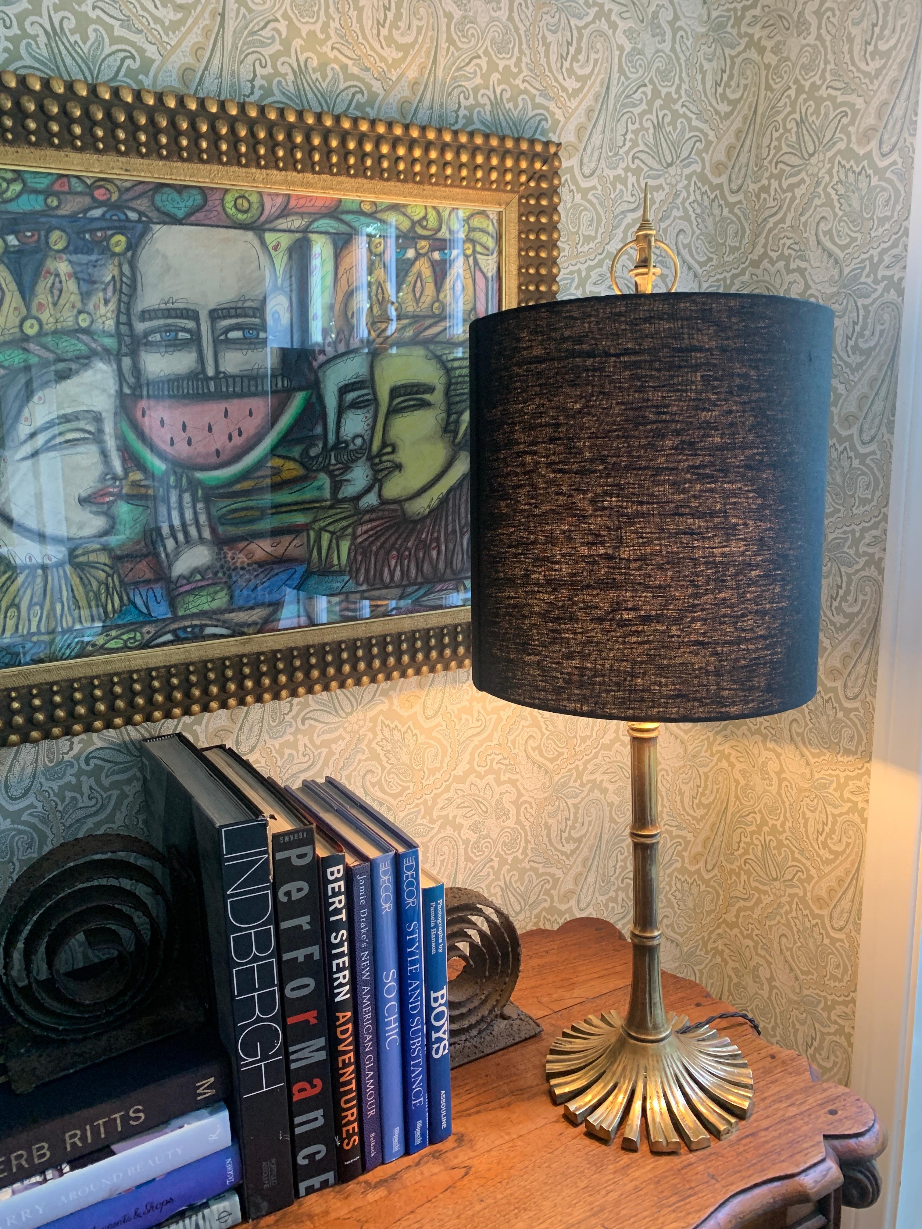 Mid-Century Modern Bamboo Brass Chapman Table Lamp with Linen Shade For Sale