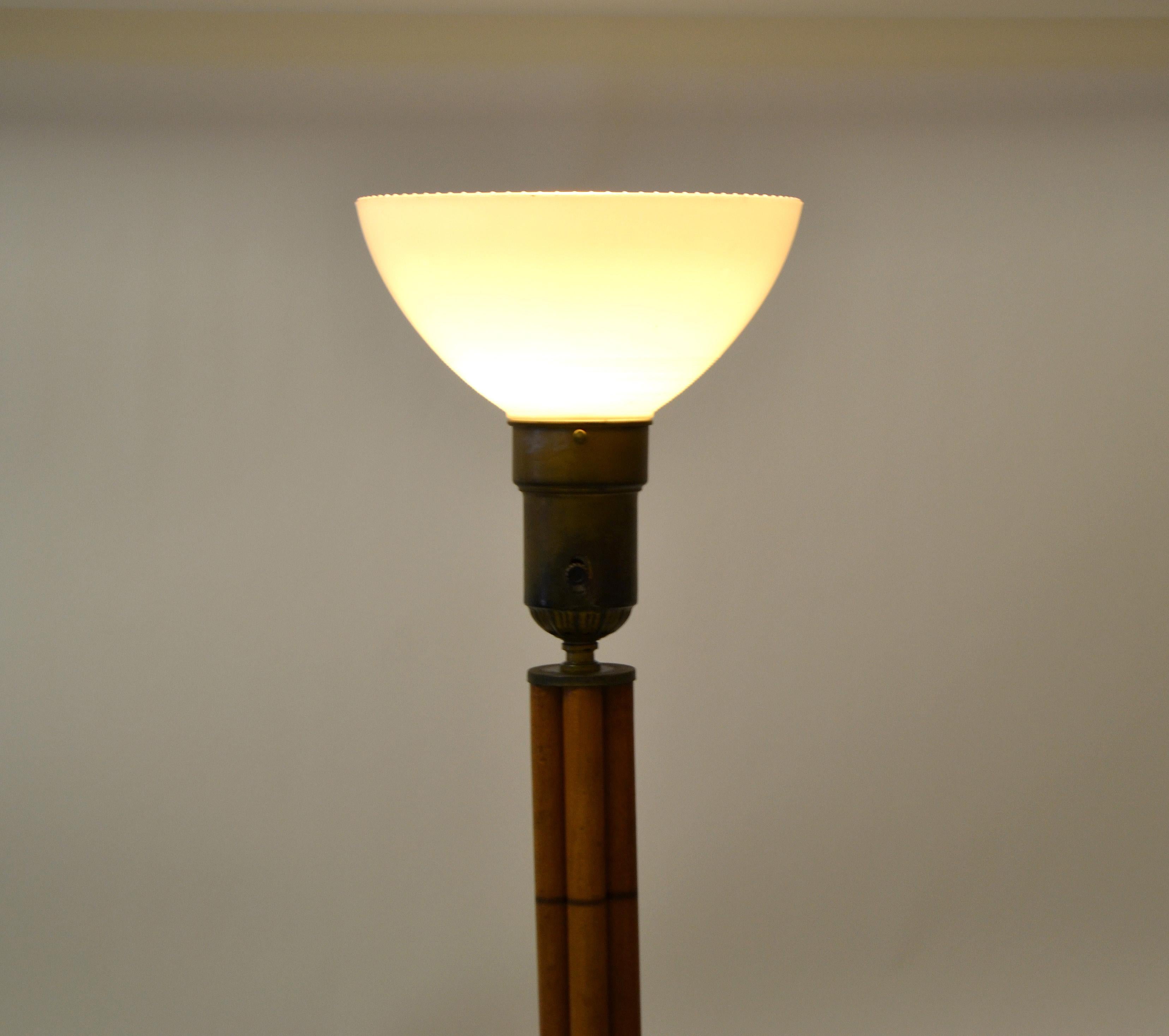 Hand-Crafted Bamboo Brass & Leather Handmade Mid-Century Modern Floor Lamp Milk Glass Globe For Sale