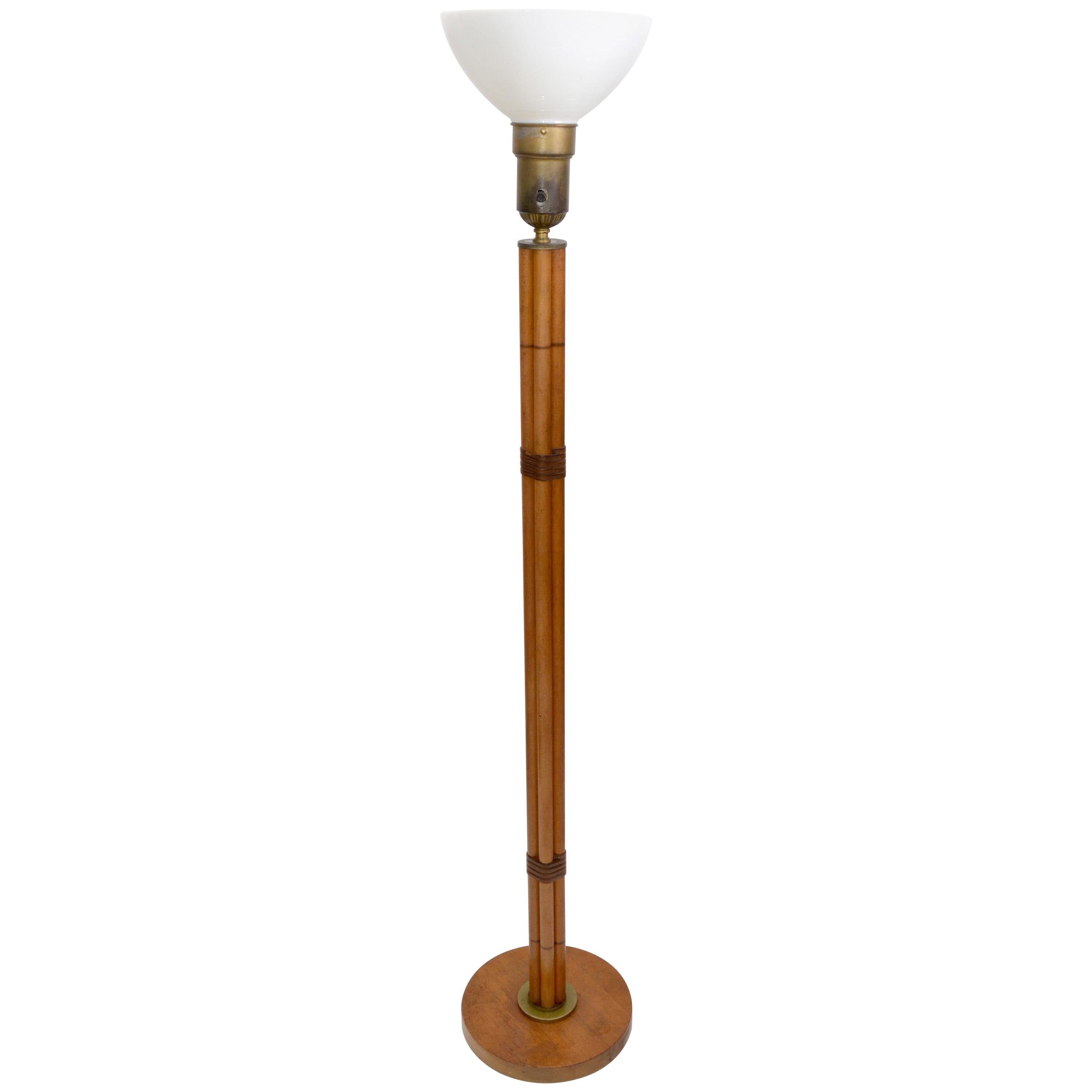 Bamboo Brass & Leather Handmade Mid-Century Modern Floor Lamp Milk Glass Globe For Sale