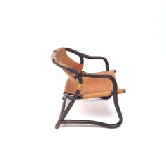 Bamboo Brown Leather Safari Lounge Chair, 1960s