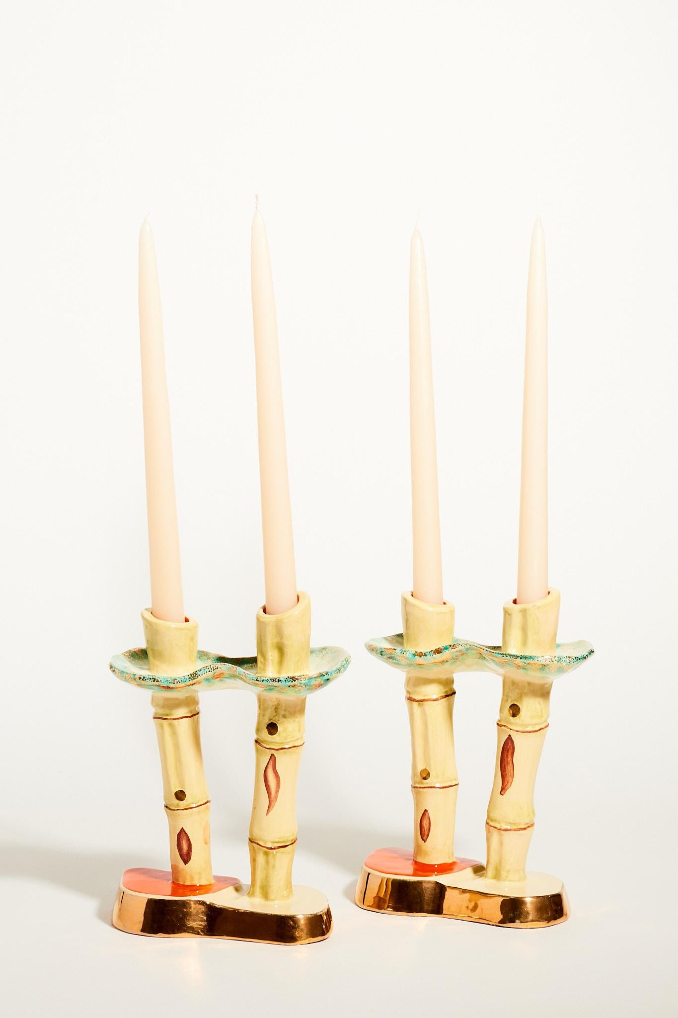 Ceramic bamboo shaped candle holders, made in Italy marking on bottom.