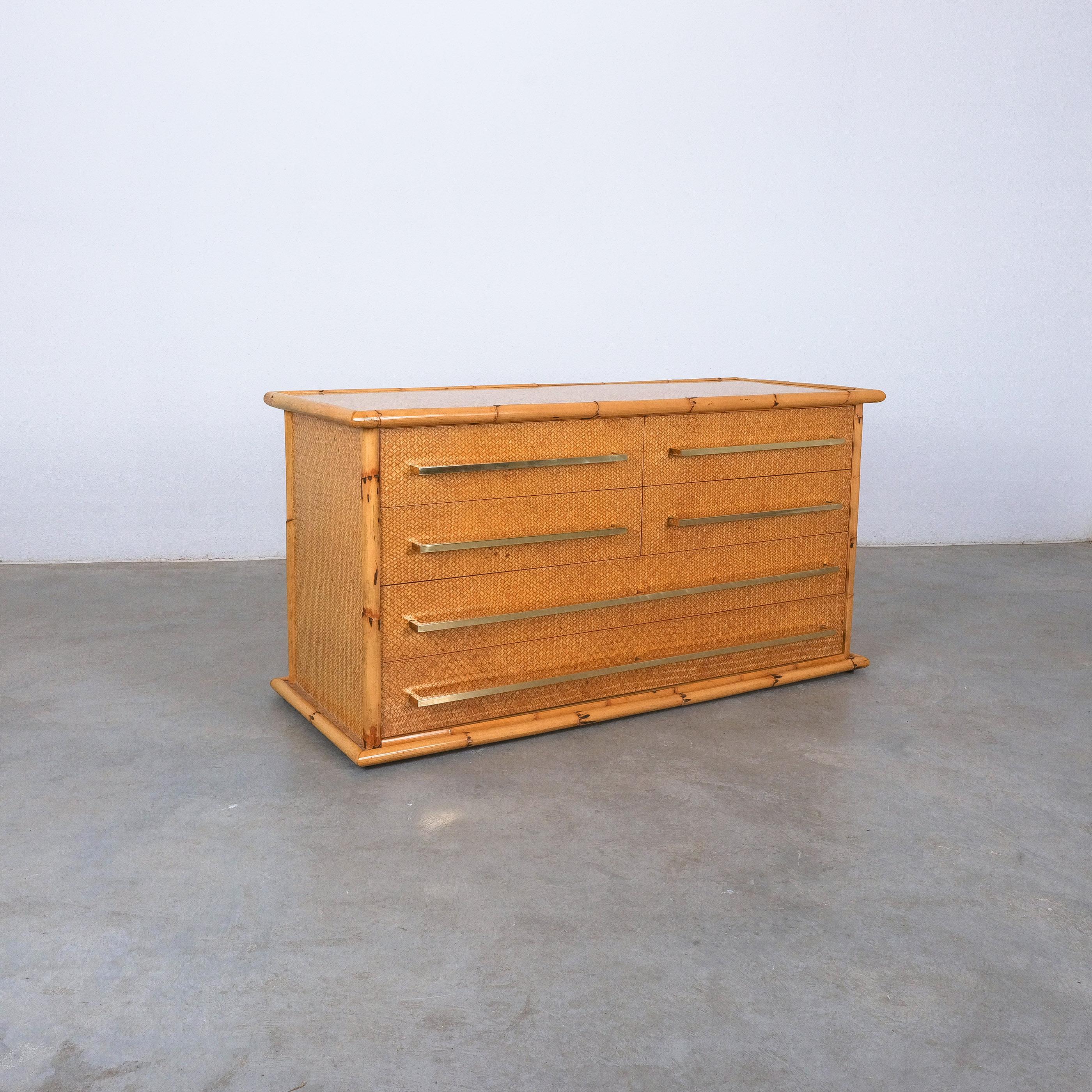 Bamboo Cane and Brass Commode Chest of Drawers by Vivai del Sud, Italy, 1975 For Sale 2