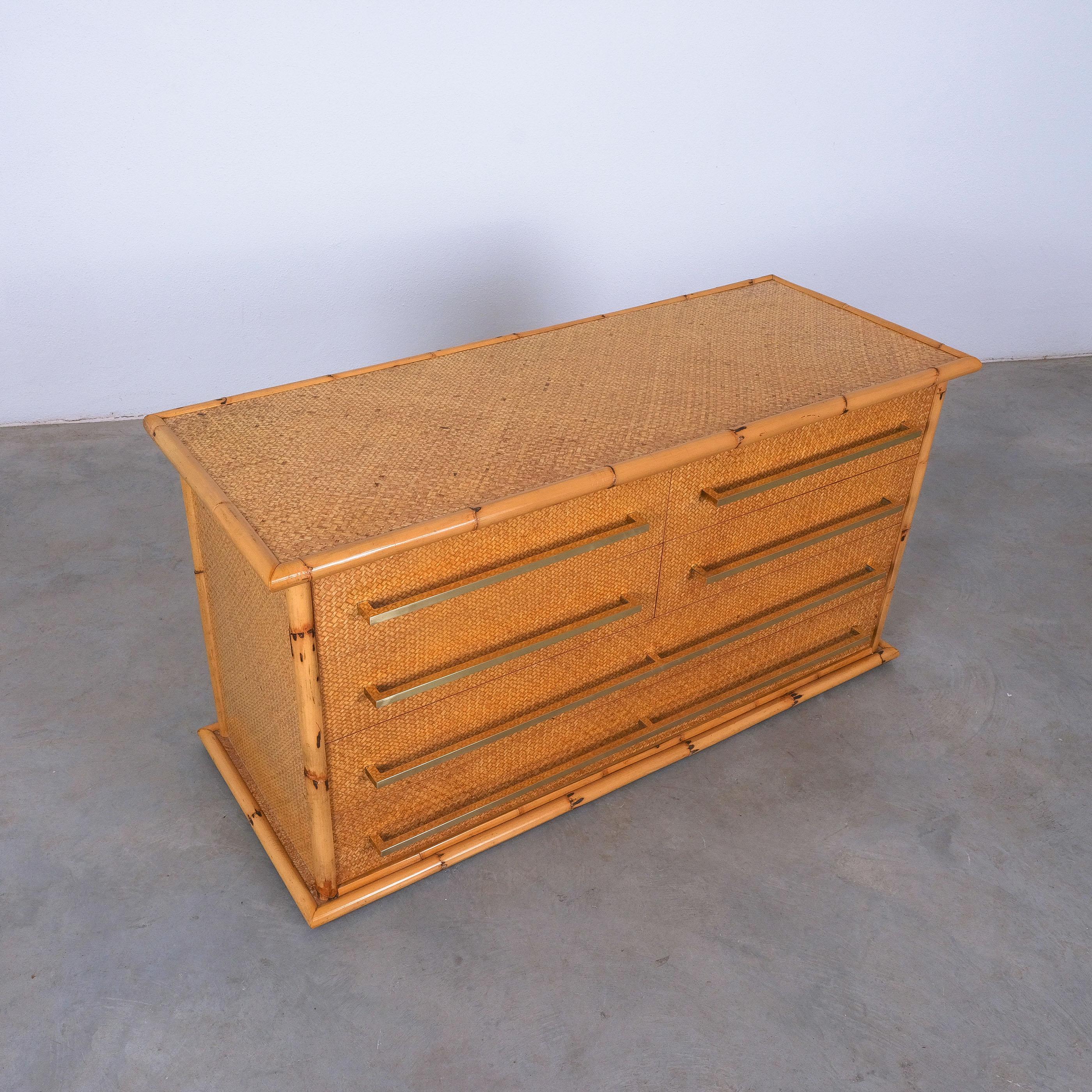 Bamboo Cane and Brass Commode Chest of Drawers by Vivai del Sud, Italy, 1975 For Sale 3