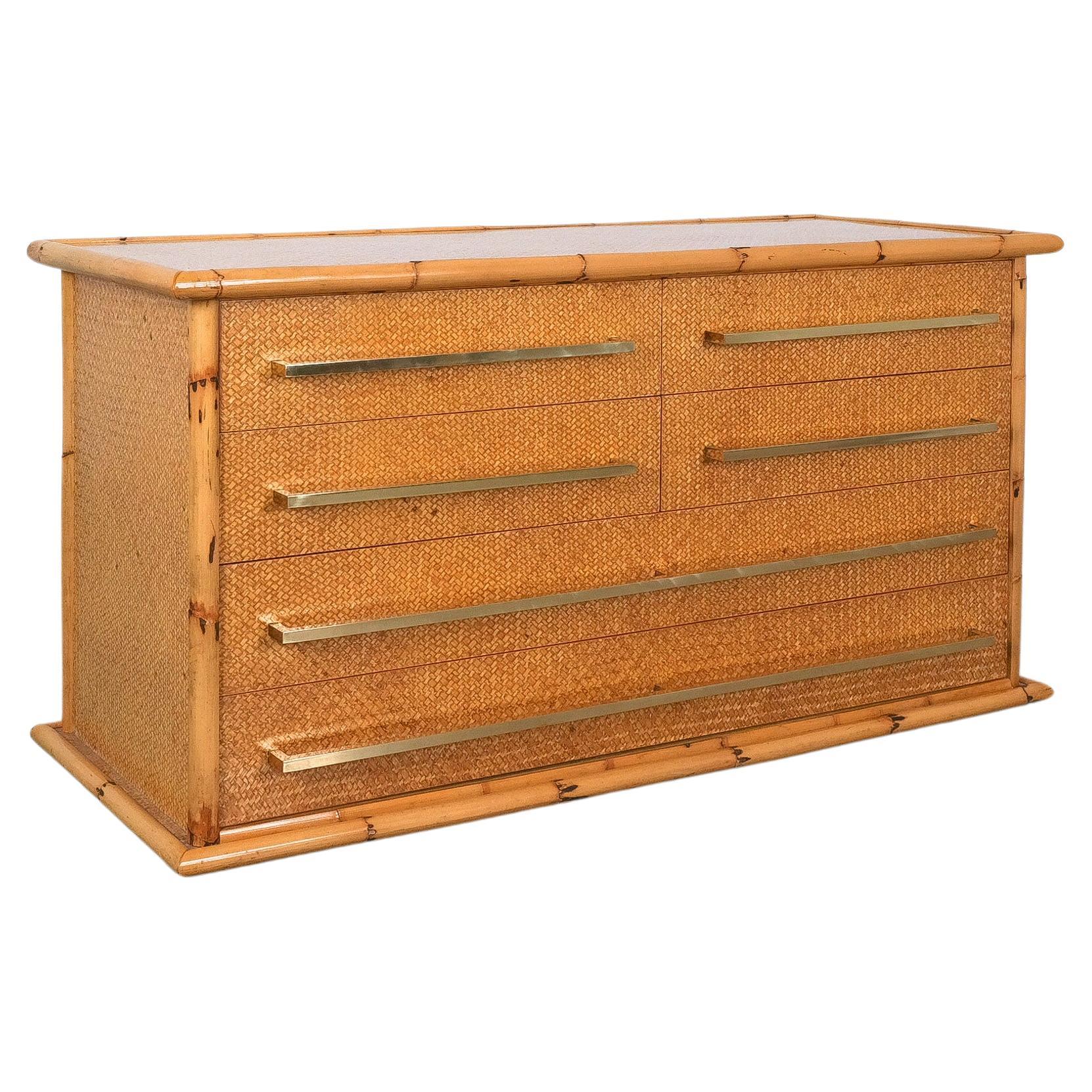 Bamboo Cane and Brass Commode Chest of Drawers by Vivai del Sud, Italy, 1975 For Sale 5