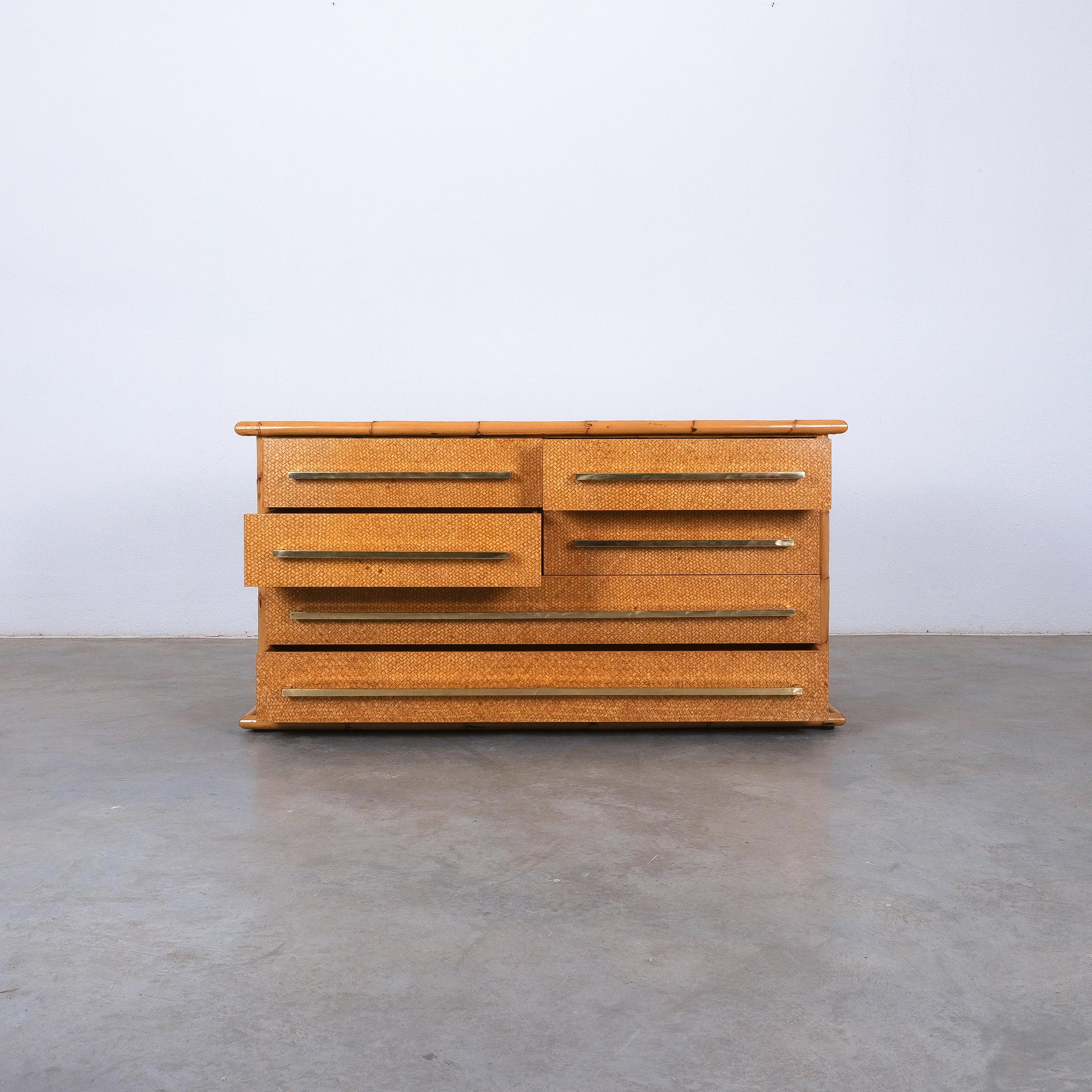Mid-Century Modern Bamboo Cane and Brass Commode Chest of Drawers by Vivai del Sud, Italy, 1975 For Sale