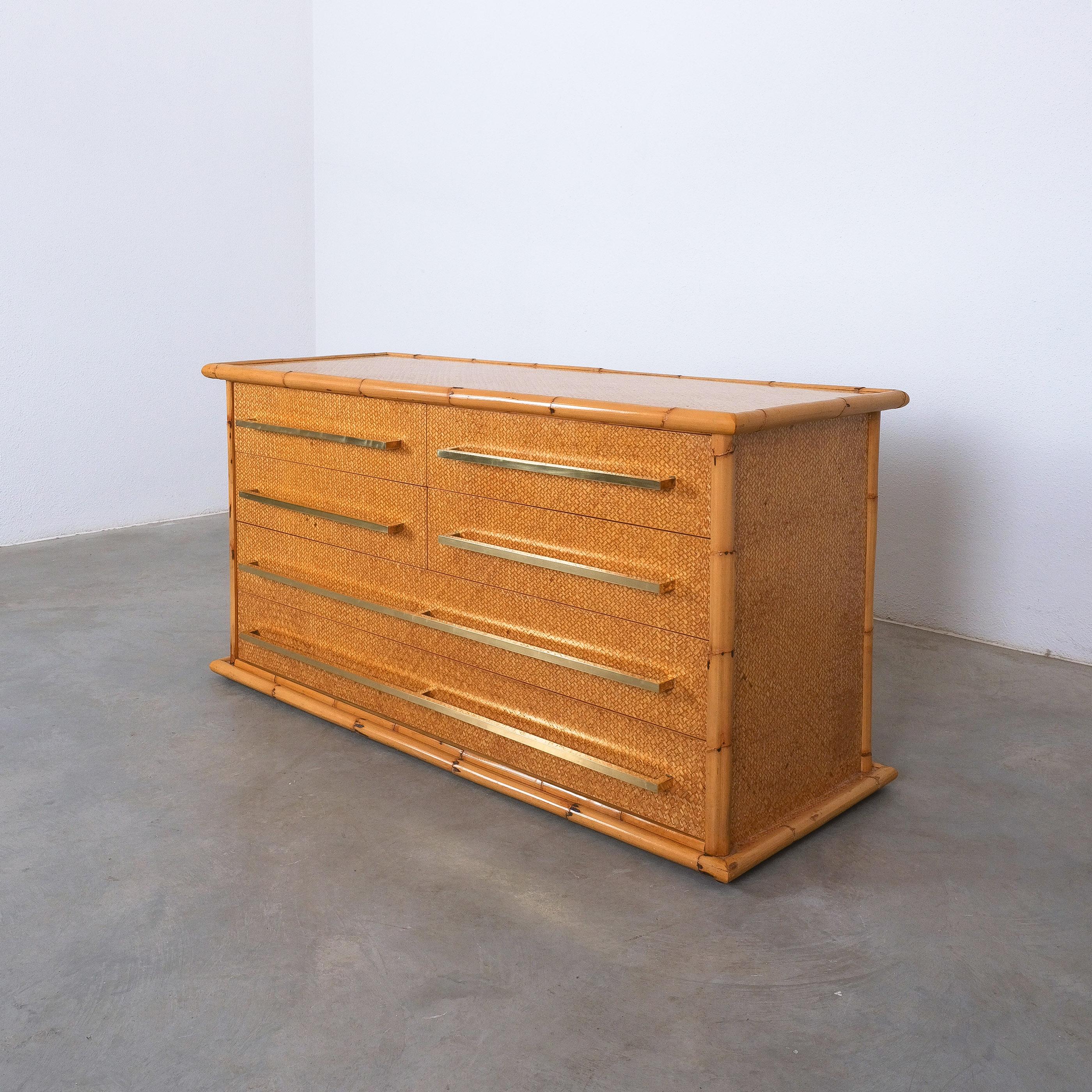 Italian Bamboo Cane and Brass Commode Chest of Drawers by Vivai del Sud, Italy, 1975 For Sale