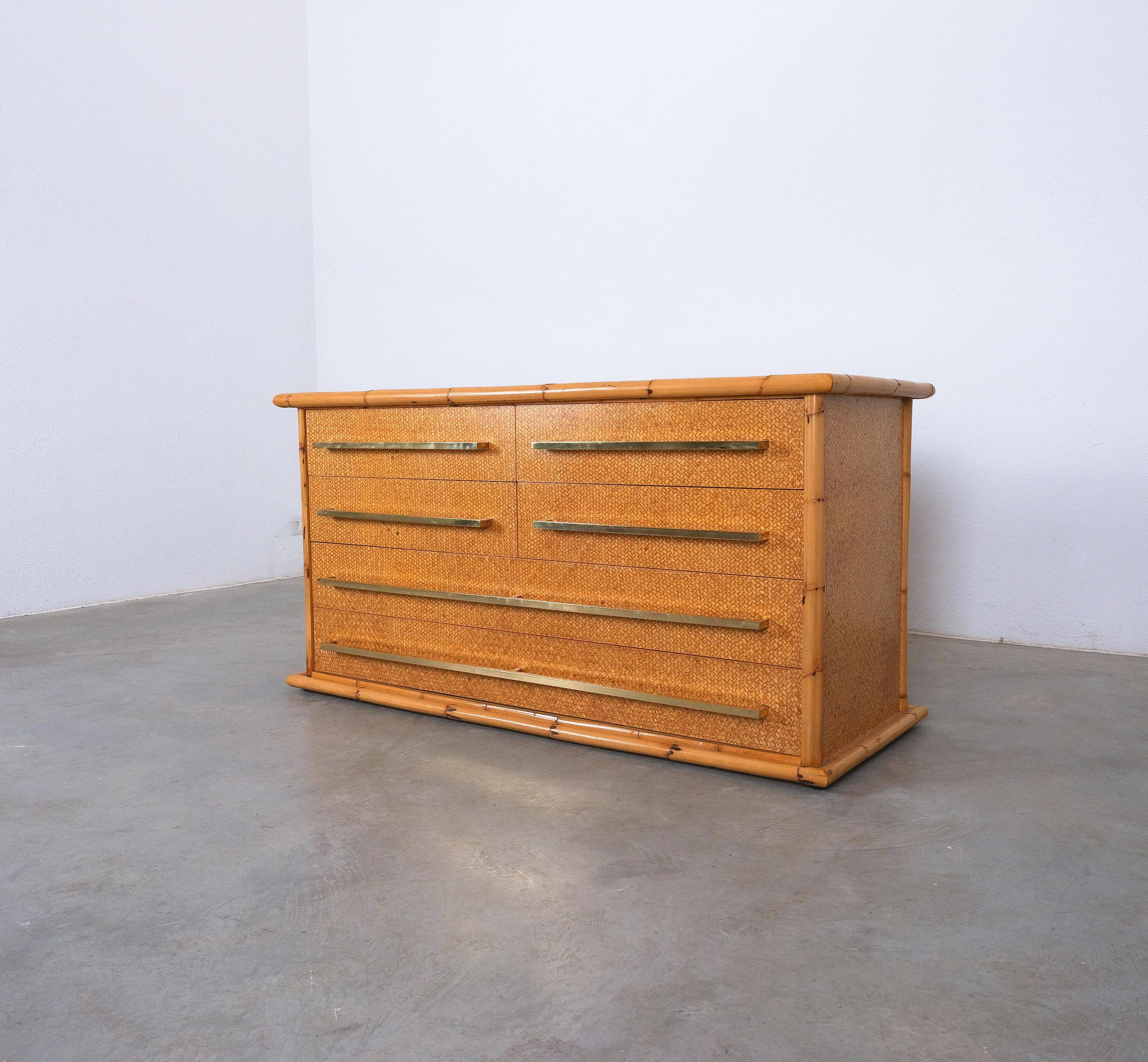 Polished Bamboo Cane and Brass Commode Chest of Drawers by Vivai del Sud, Italy, 1975 For Sale