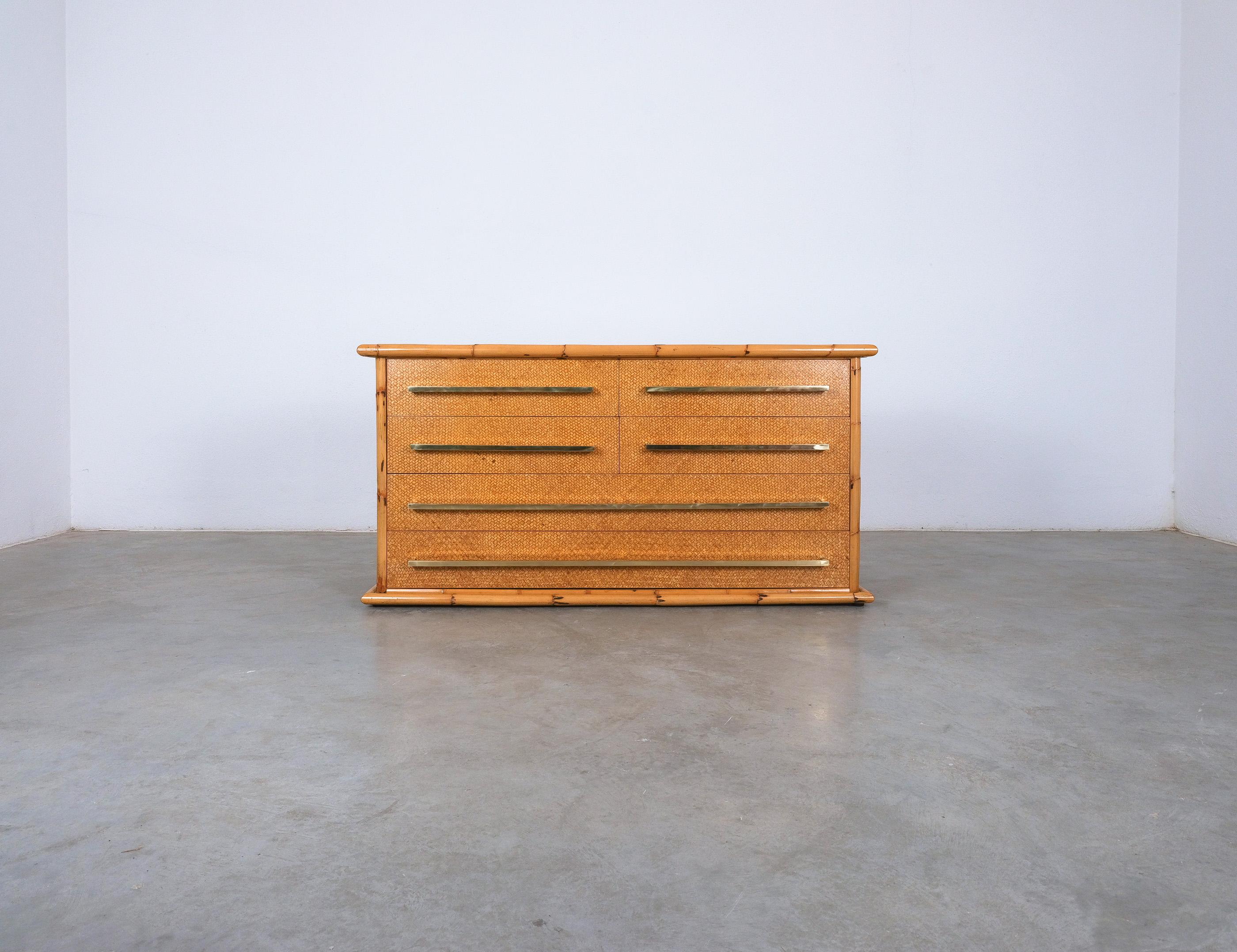 Bamboo Cane and Brass Commode Chest of Drawers by Vivai del Sud, Italy, 1975 For Sale 1