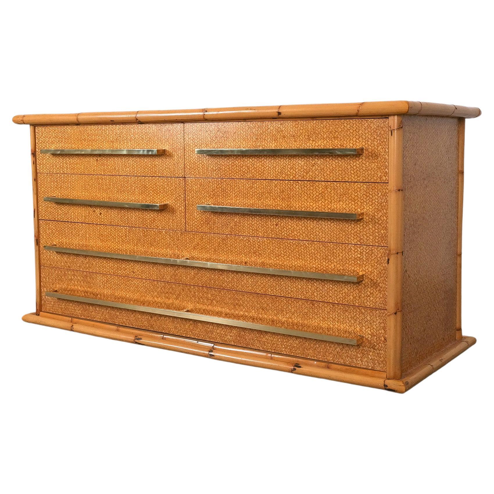 Bamboo Cane and Brass Commode Chest of Drawers by Vivai del Sud, Italy, 1975 For Sale