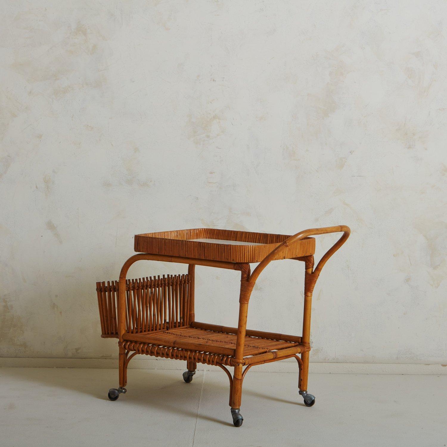 Mid-Century Modern Bamboo + Cane Bar Cart, France 20th Century For Sale