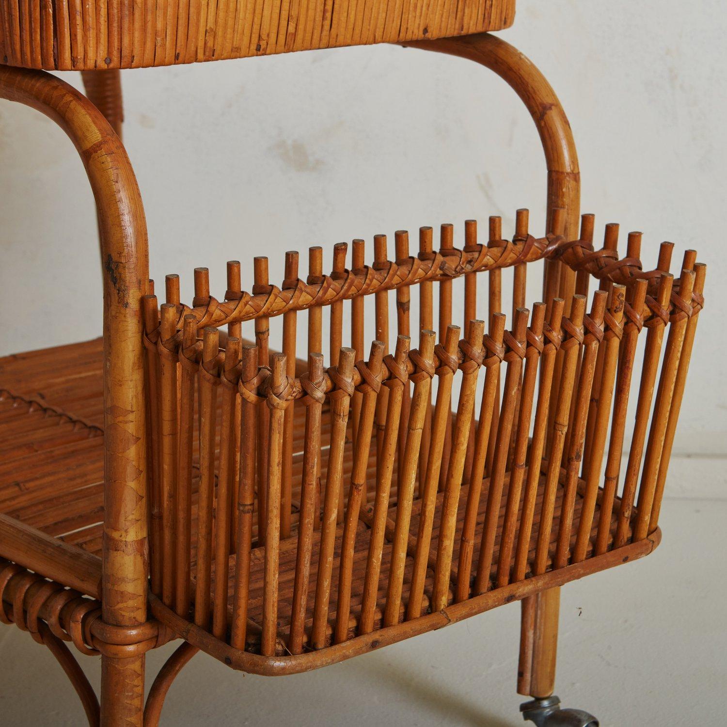 French Bamboo + Cane Bar Cart, France 20th Century For Sale