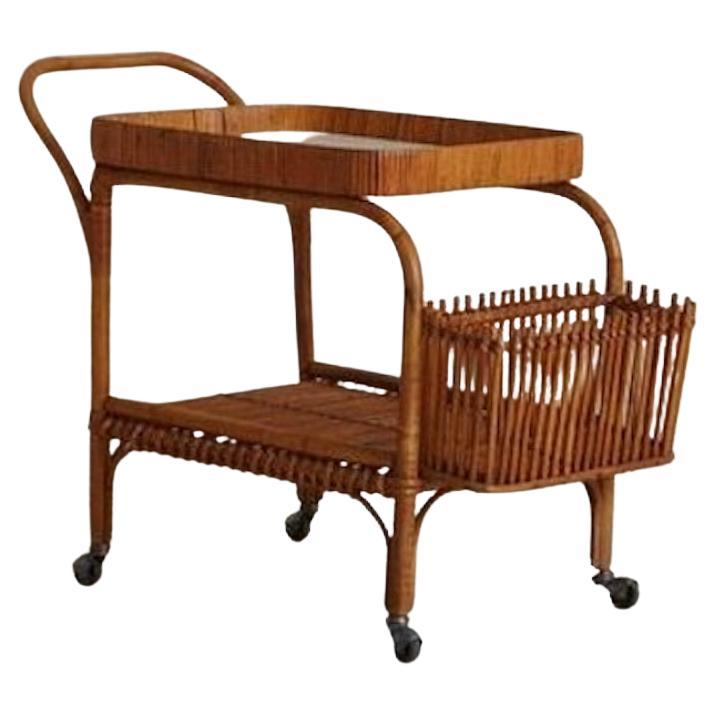 Bamboo + Cane Bar Cart, France 20th Century For Sale