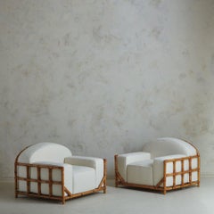 Bamboo + Cane Lounge Chairs in White Boucle, Italy 1970s