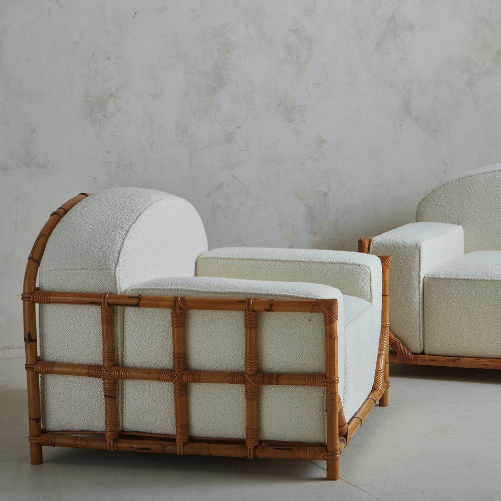 Mid-Century Modern Bamboo + Cane Lounge Chairs in White Boucle, Italy 1970s For Sale