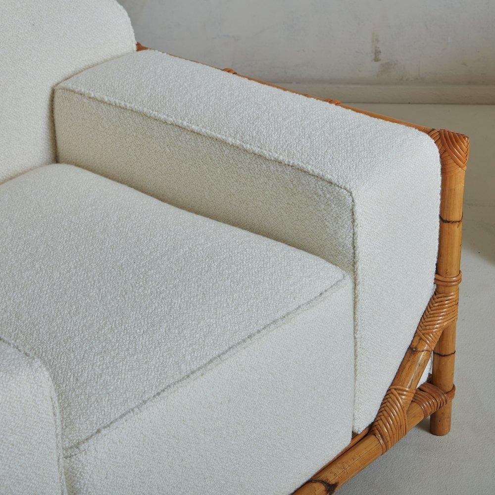 Bouclé Bamboo + Cane Lounge Chairs in White Boucle, Italy 1970s For Sale
