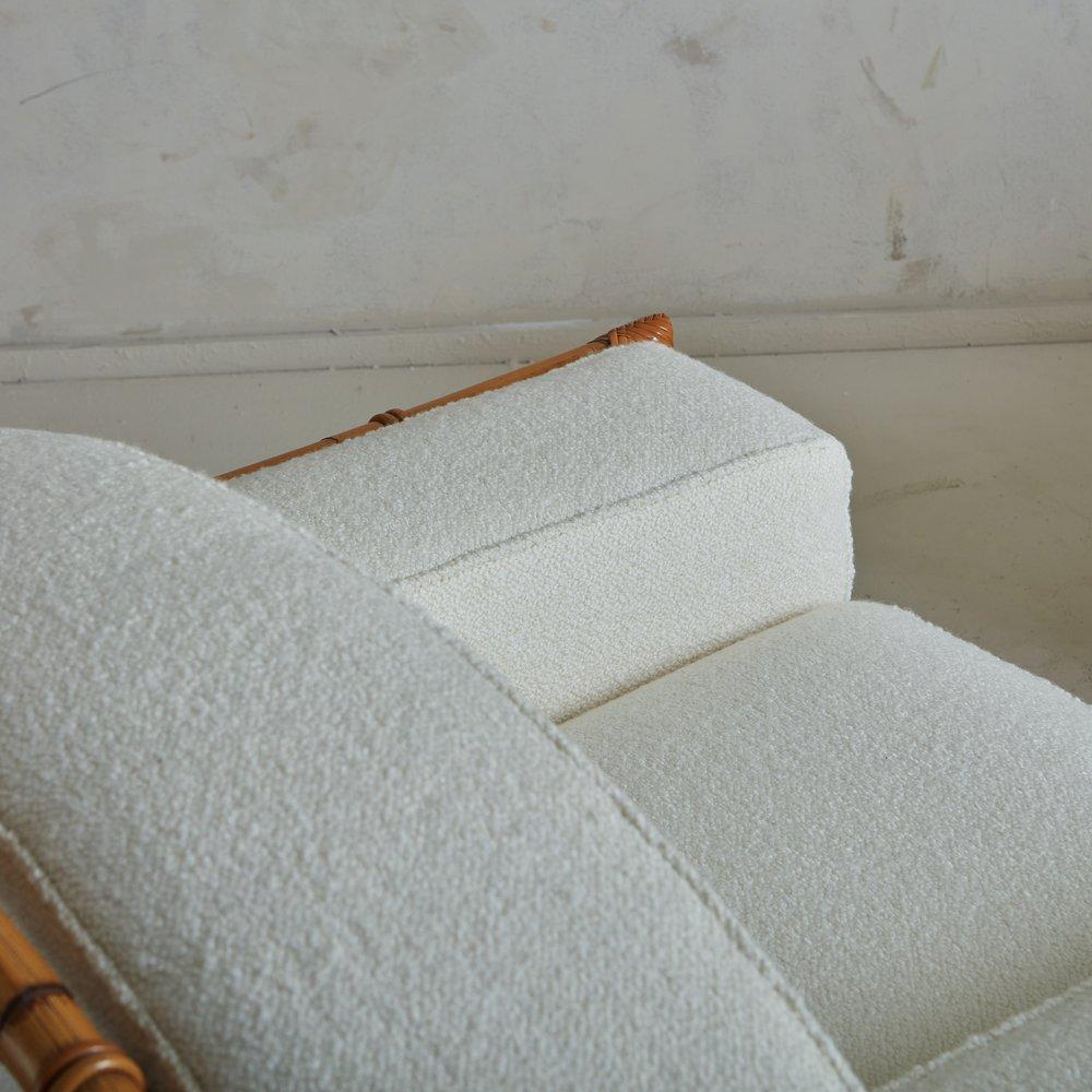 Bamboo + Cane Lounge Chairs in White Boucle, Italy 1970s For Sale 1