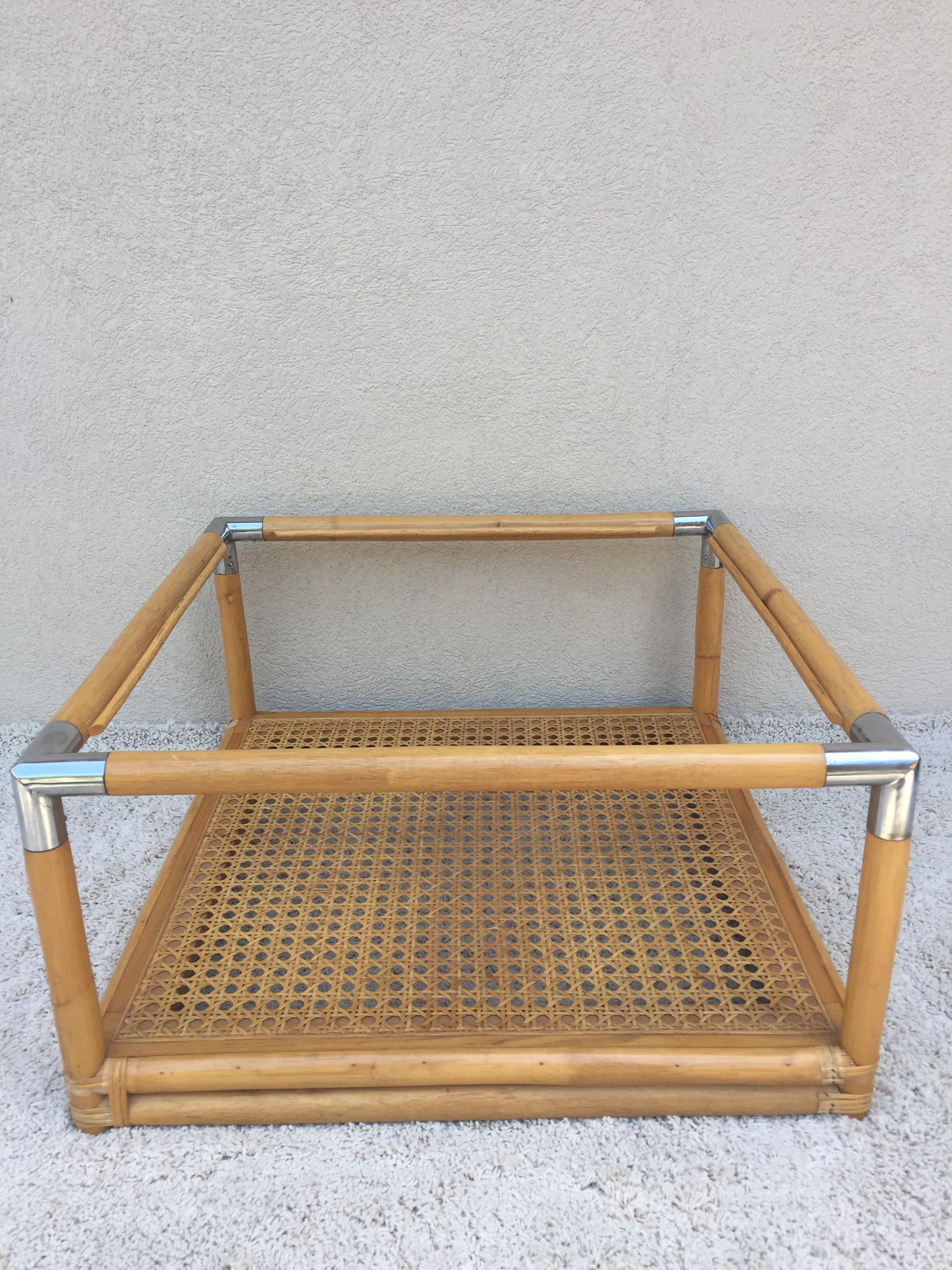 Mid-Century Modern Bamboo Cane Shelf Two-Tier, Glass Top Cocktail Table