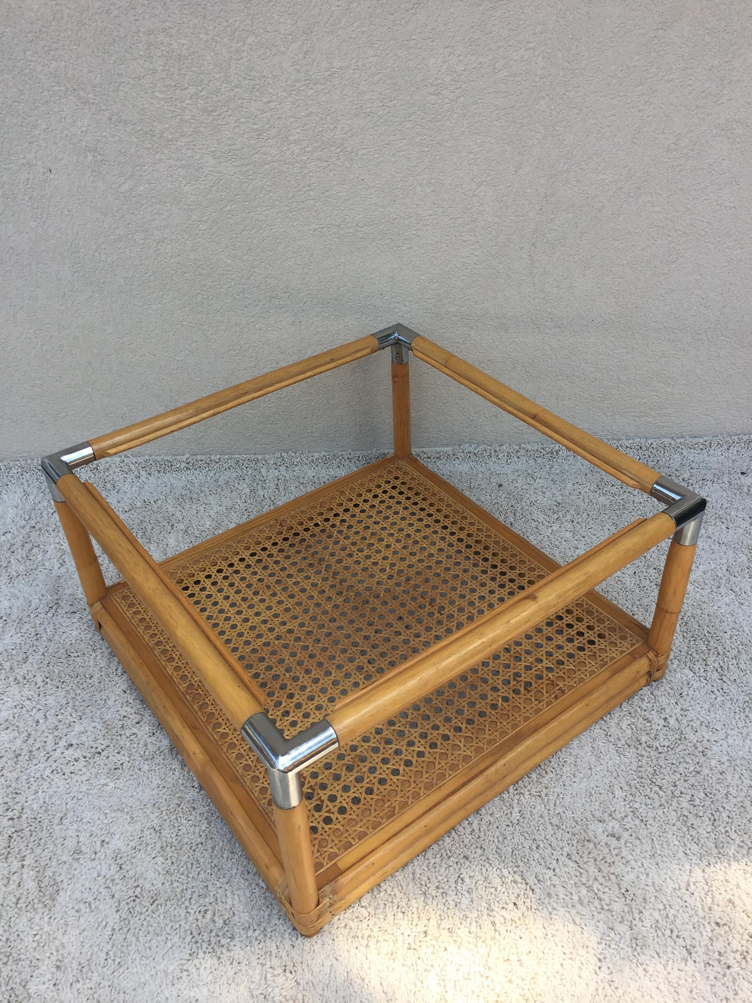 Bamboo Cane Shelf Two-Tier, Glass Top Cocktail Table In Good Condition In Westport, CT