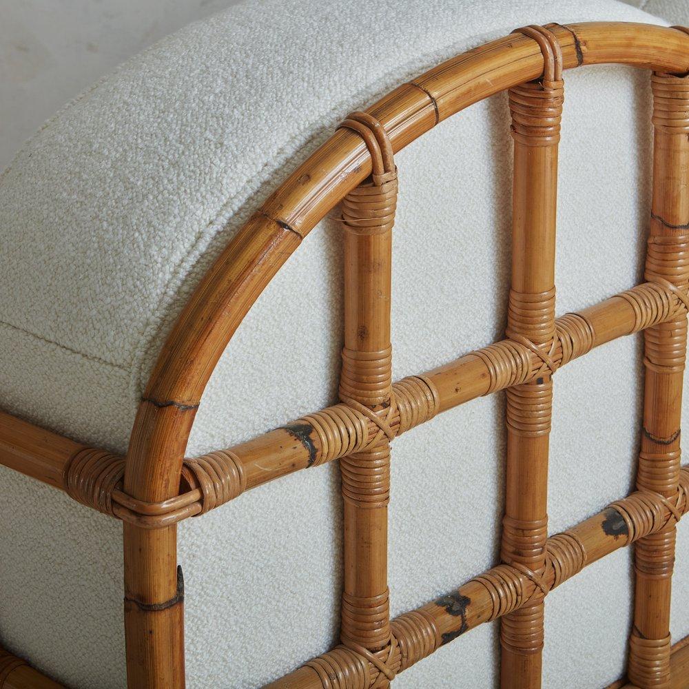 Bamboo + Cane Sofa in White Boucle, Italy 1970s For Sale 2