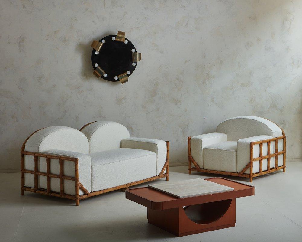 Bambus + Schilfrohr-Sofa aus weißem Bouclé, Italien 1970er Jahre (Moderne der Mitte des Jahrhunderts) im Angebot
