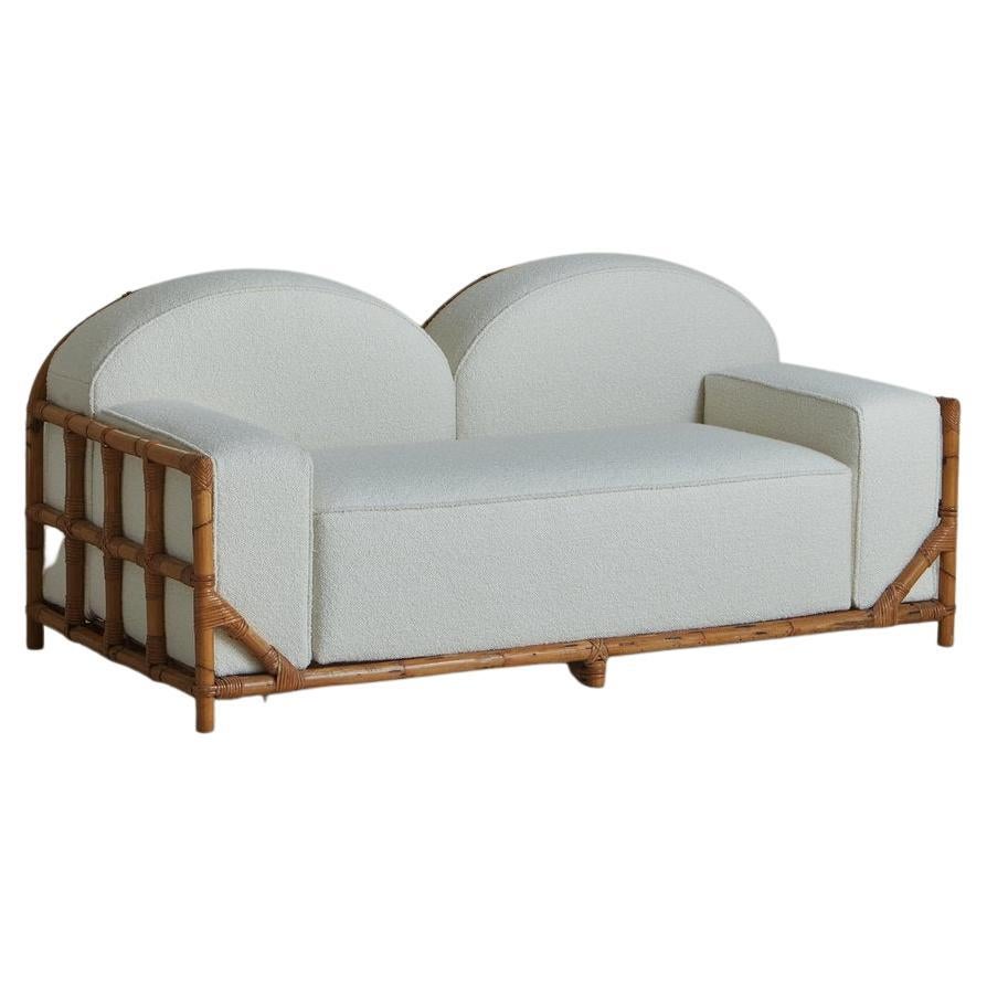 Bamboo + Cane Sofa in White Boucle, Italy 1970s For Sale