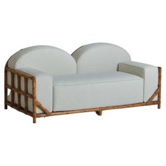 Bambus + Schilfrohr-Sofa aus weißem Bouclé, Italien 1970er Jahre