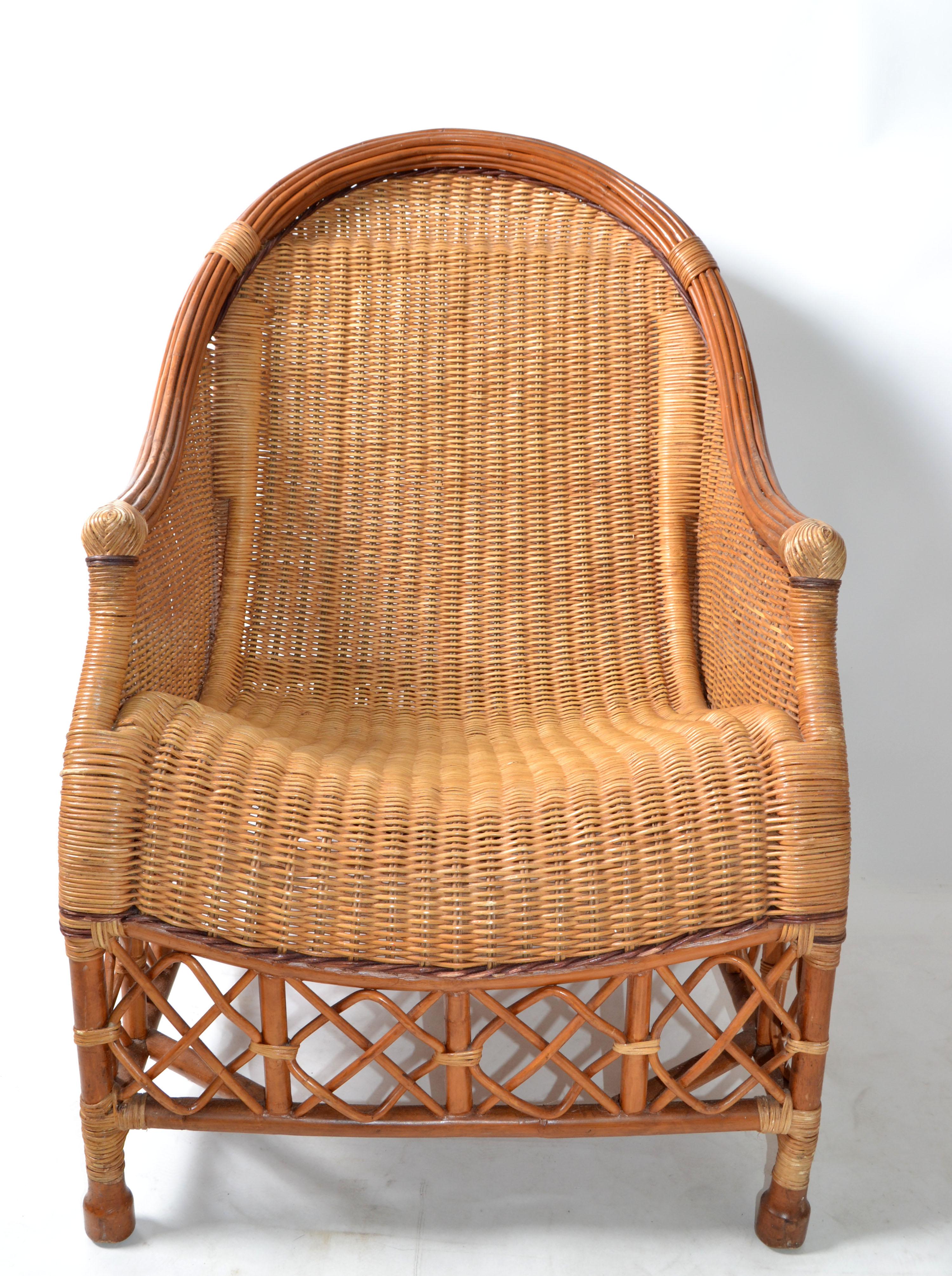 Large and Comfortable handcrafted and woven Bamboo and Wicker Lounge Chair with Cane Bindings.
Firm and sturdy and ready to use.
Exceptional Lounge Chair for Your Florida Sunroom. 
Arm Height measures: 25 inches.