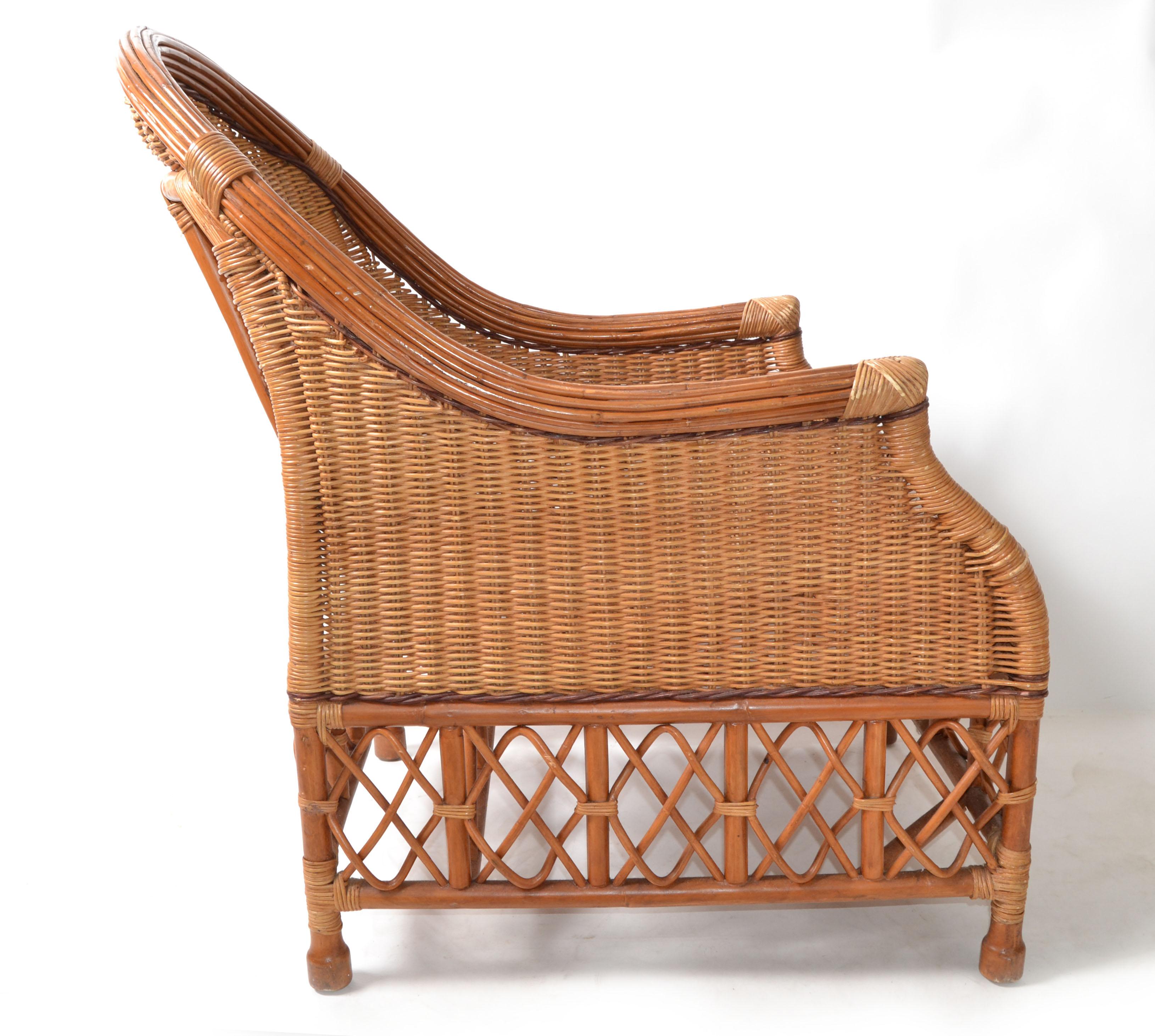 American Bamboo, Cane & Wicker Lounge Chair Handwoven Bohemian 1960 Mid-Century Modern For Sale