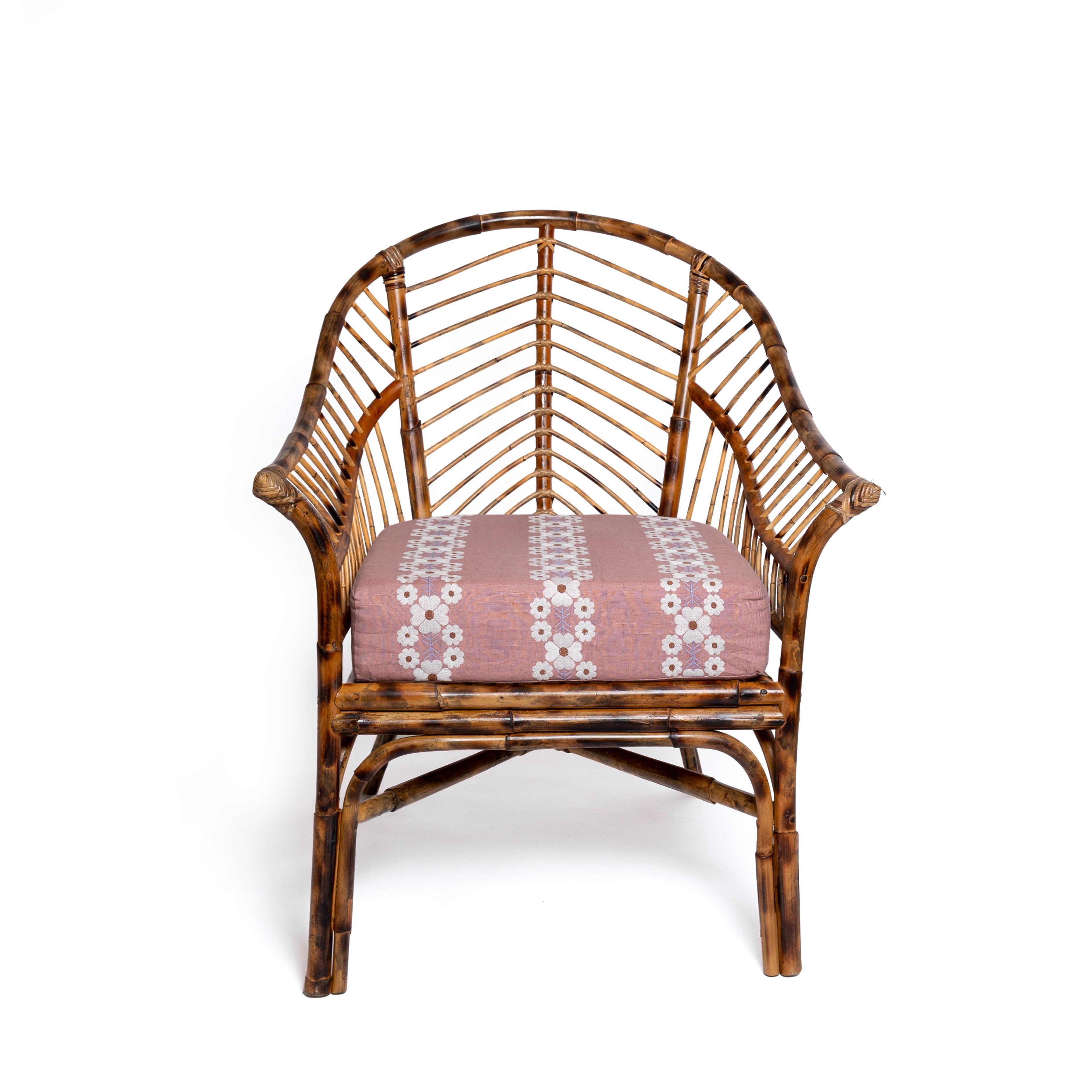 Indonesian Bamboo Chair in Natural Honey Rattan, Pink Cushion, Modern, by Louise Roe For Sale
