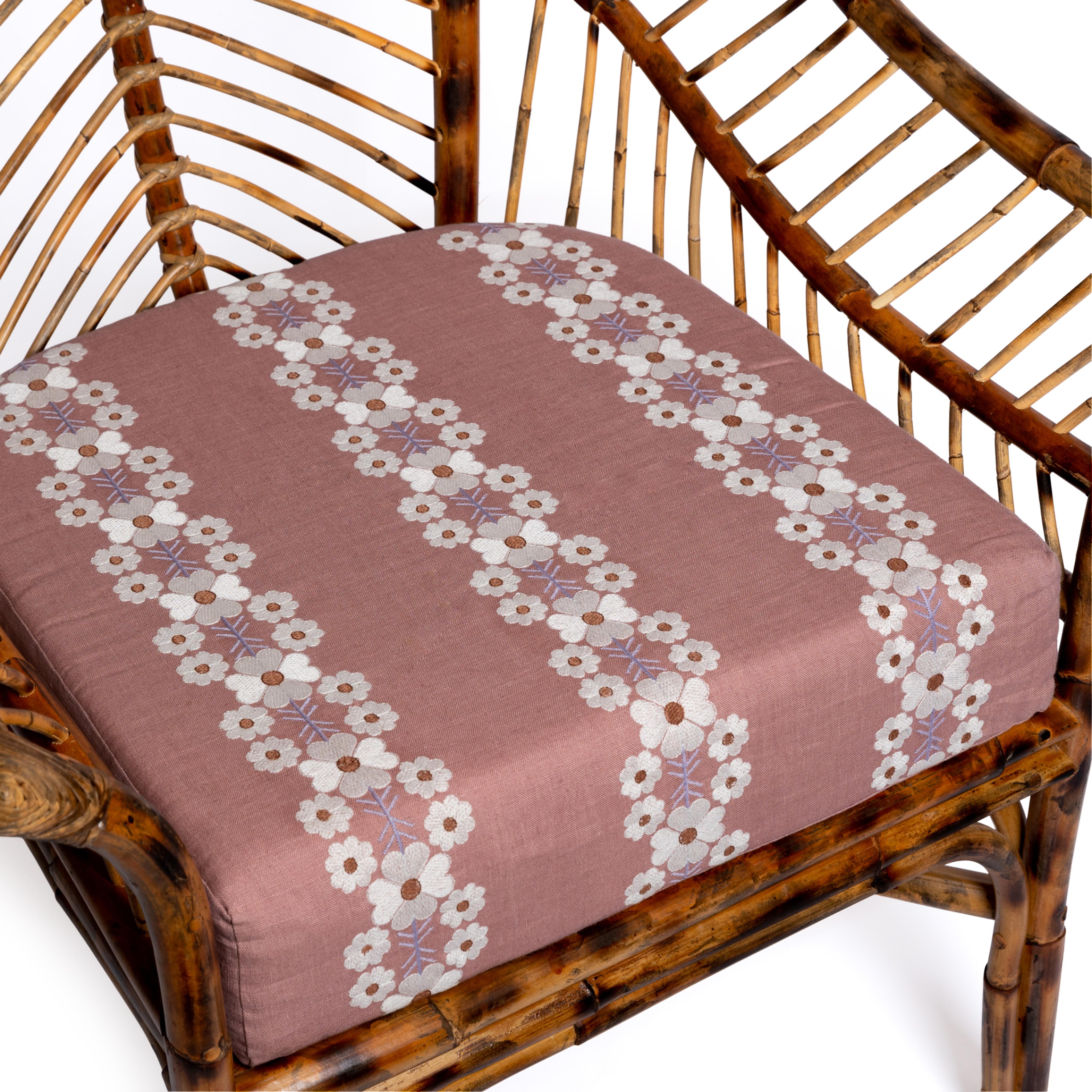 Bamboo Chair in Natural Honey Rattan, Pink Cushion, Modern, by Louise Roe 1