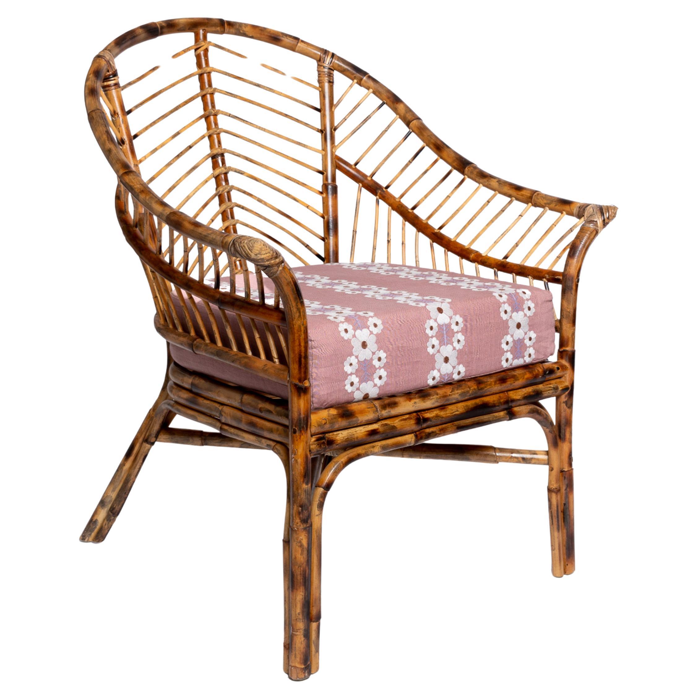 Bamboo Chair in Natural Honey Rattan, Pink Cushion, Modern, by Louise Roe For Sale