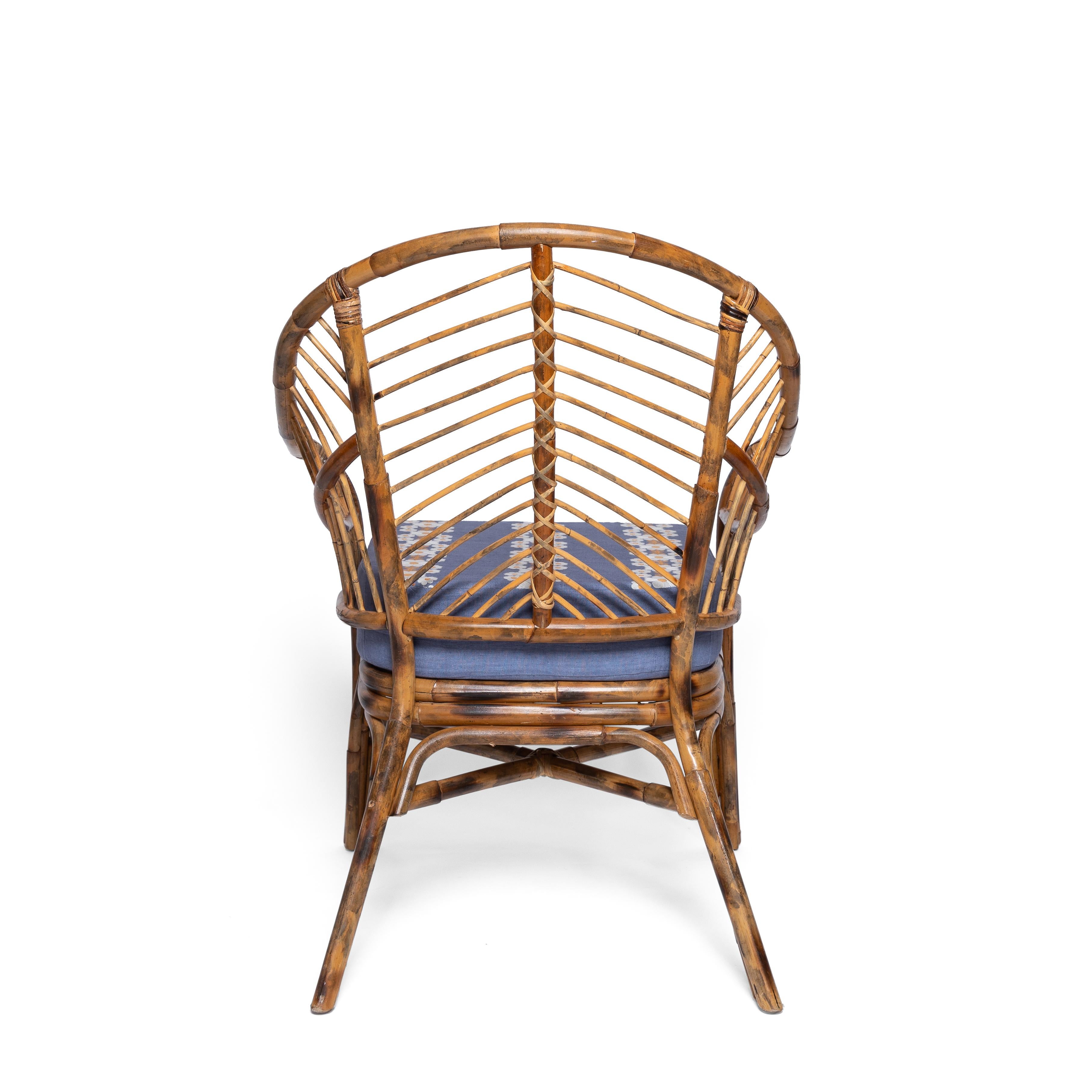 Indonesian Bamboo Chair in Natural Rattan, blue cushion, Modern by Sharland England For Sale