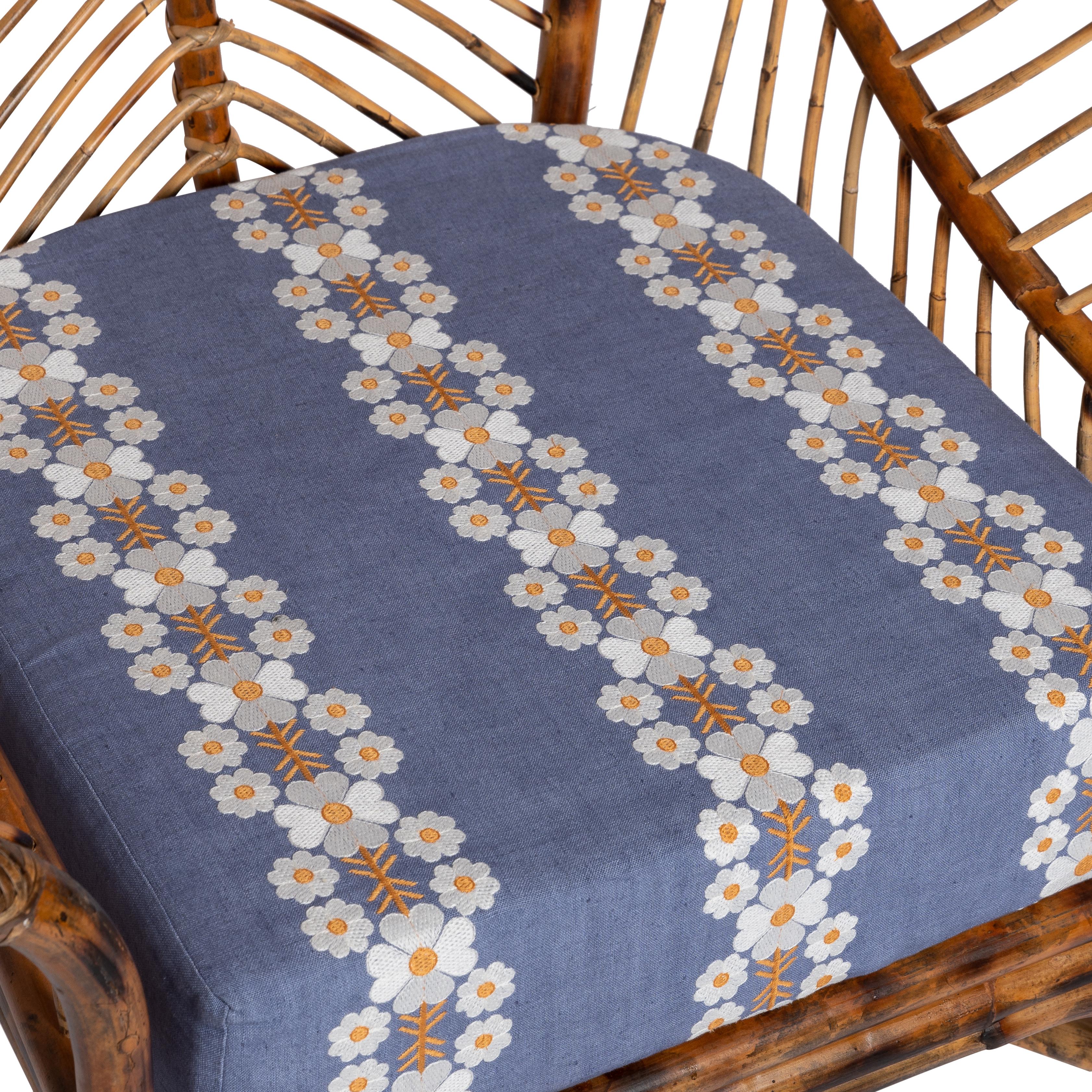 Indonesian Bamboo Chair Natural Rattan, Blue Cushion, Modern, by Sharland England