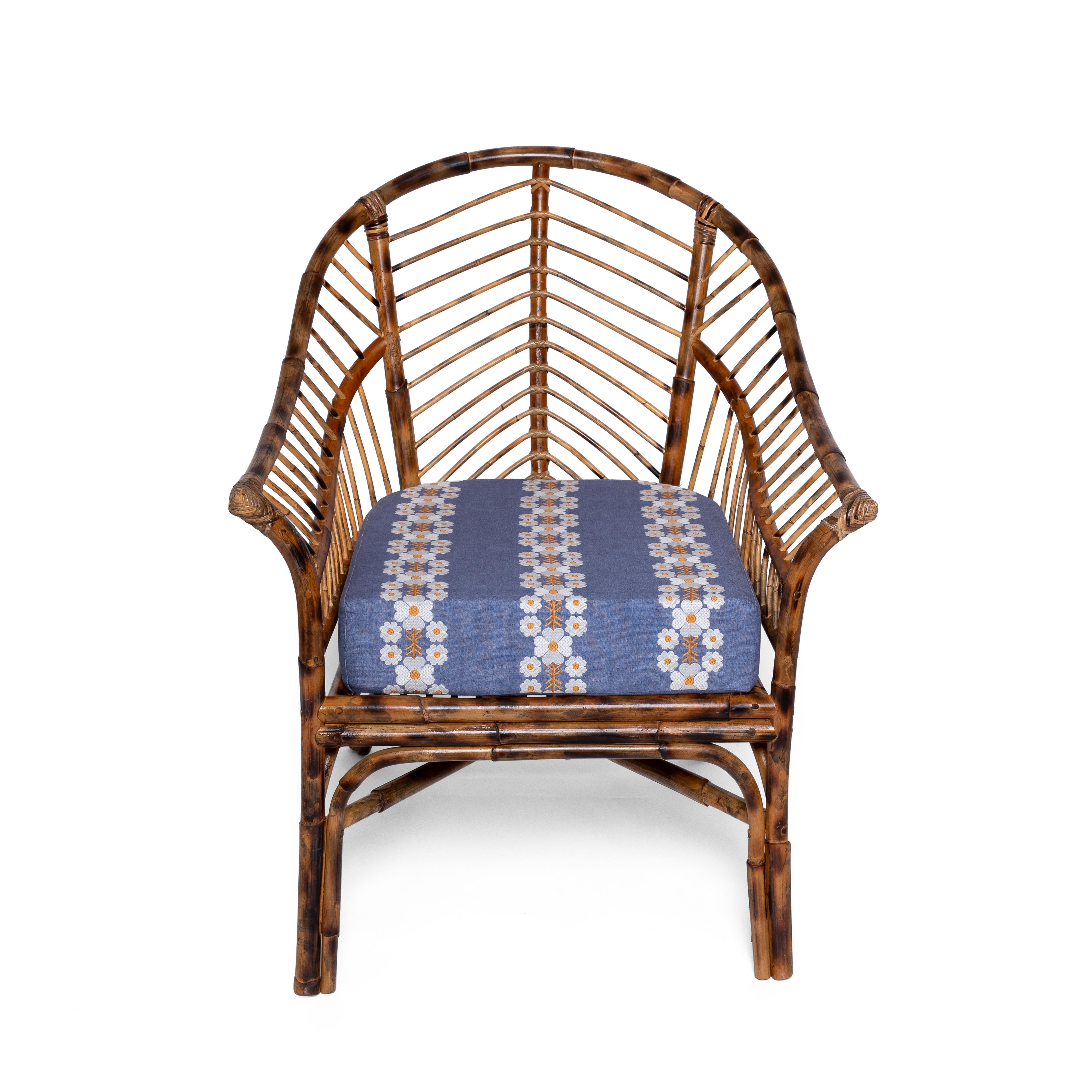 Contemporary Bamboo Chair Natural Rattan, Blue Cushion, Modern, by Sharland England