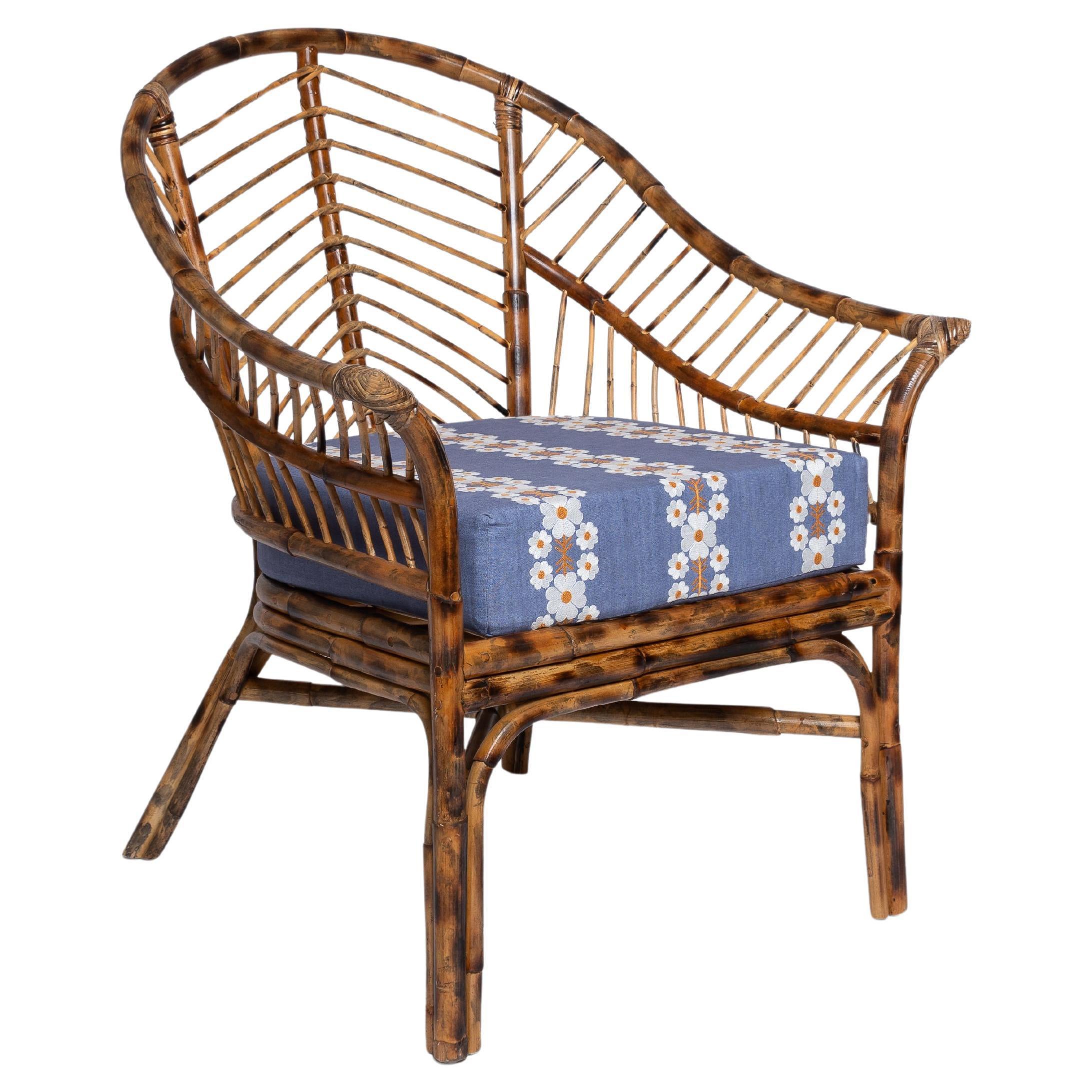 Bamboo Chair Natural Rattan, Blue Cushion, Modern, by Sharland England