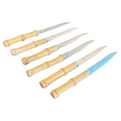 Vintage Bamboo Cheese Knifes, Small, Set of 6, Brown Color, France  circa 1960