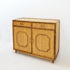 Bamboo chest of drawers with 2 doors and 2 drawers - brass handles, circa 1960.
