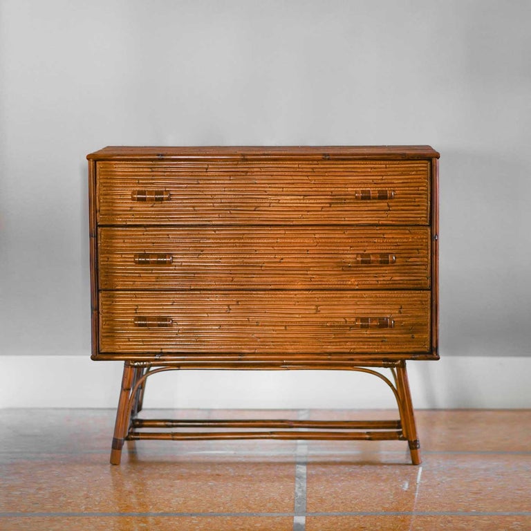 Bamboo chest of drawers with leather bindings. Italian production. For Sale  at 1stDibs